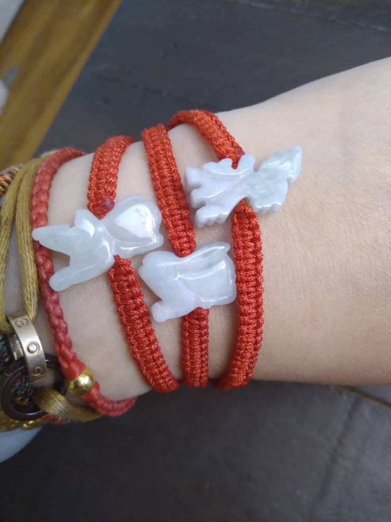 Natural Burmese Jadeite Jade Chinese Zodiac Charm Red String Shamballa Bracelet (Rabbit, Dragon, Rat and Many More)
