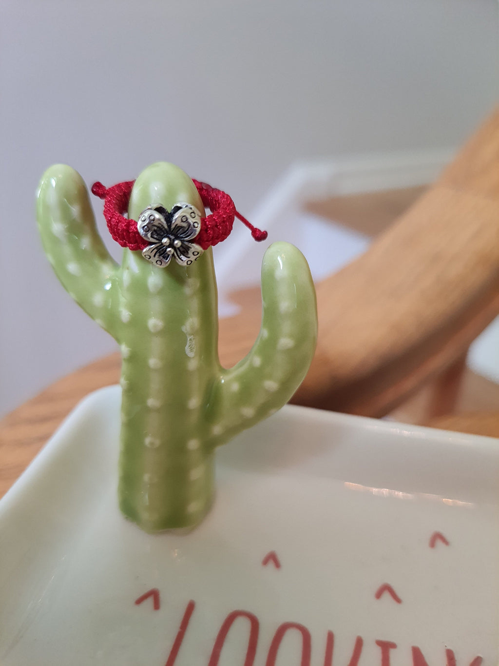 925S Sterling Silver Flower Red String Shamballa Ring