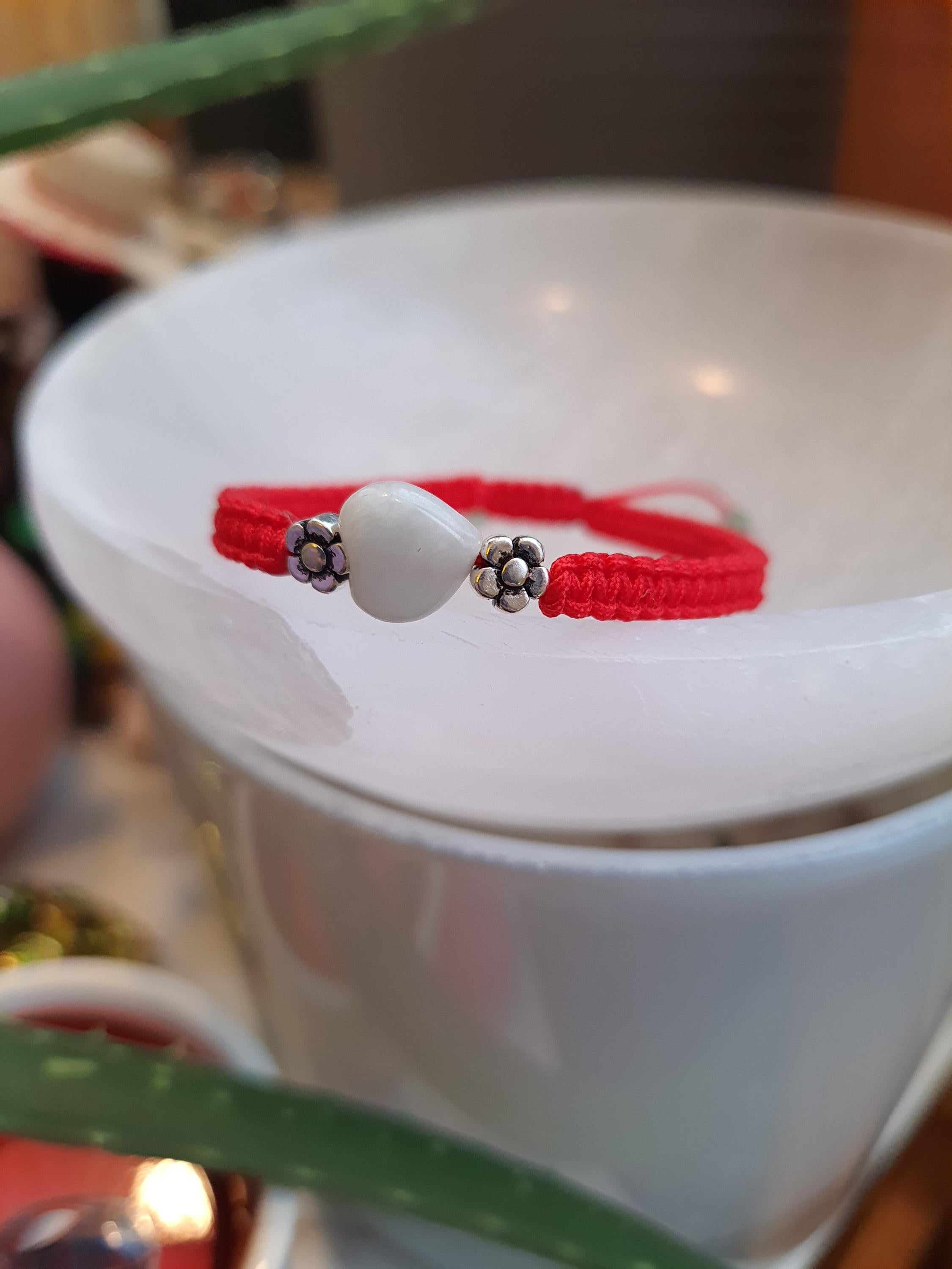 925S Sterling Silver Mini Flower beads and Heart Jadeite Jade Lucky Red String Shamballa Bracelet