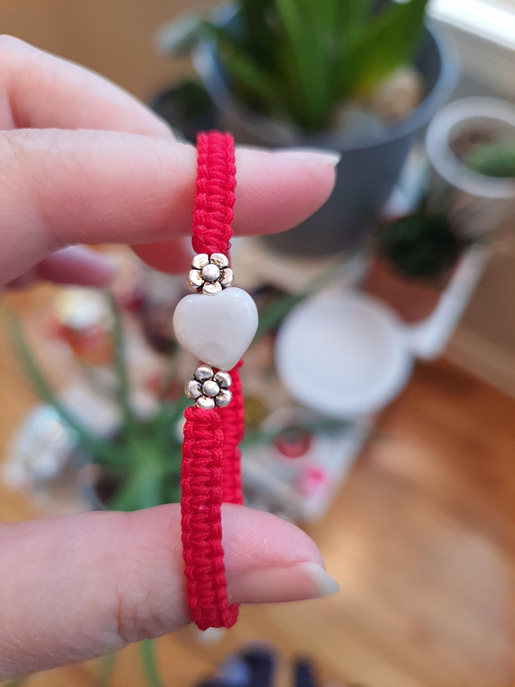925S Sterling Silver Mini Flower beads and Heart Jadeite Jade Lucky Red String Shamballa Bracelet