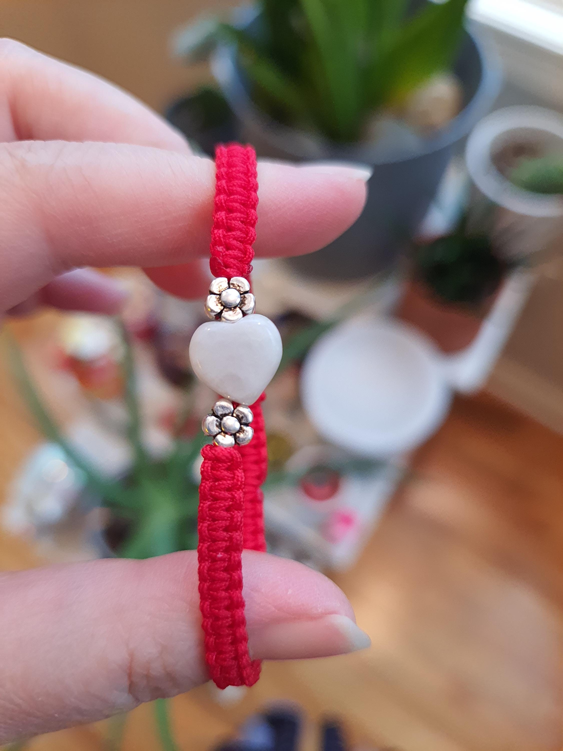 925S Sterling Silver Mini Flower beads and Heart Jadeite Jade Lucky Red String Shamballa Bracelet