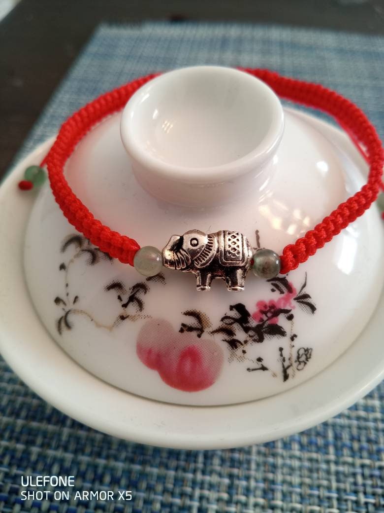 Lucky Chinese Red String Bracelet with one Zinc Elephant Bead