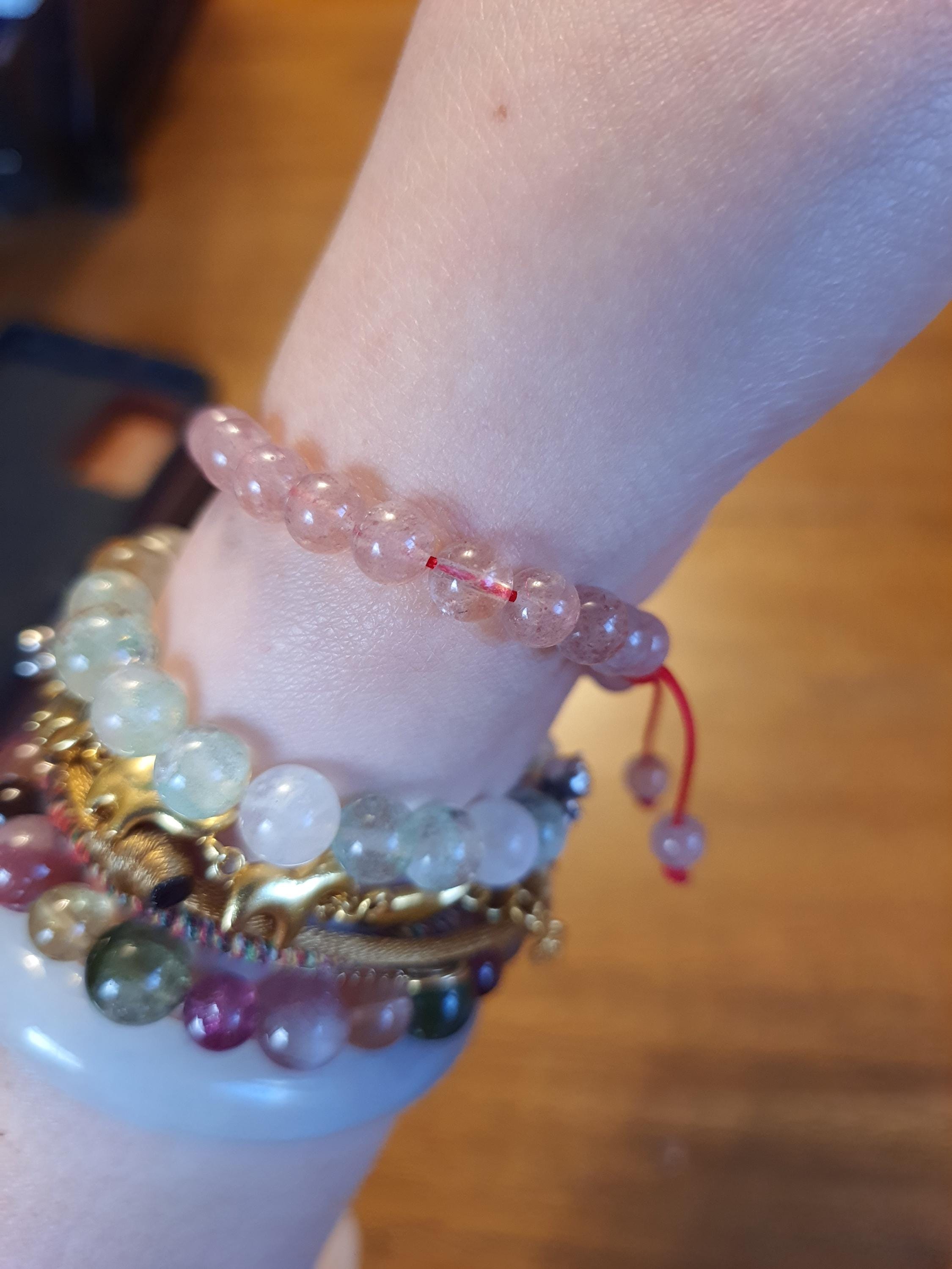 Natural Strawberry Quartz Beads Red String Shamballa Meditation Bracelet