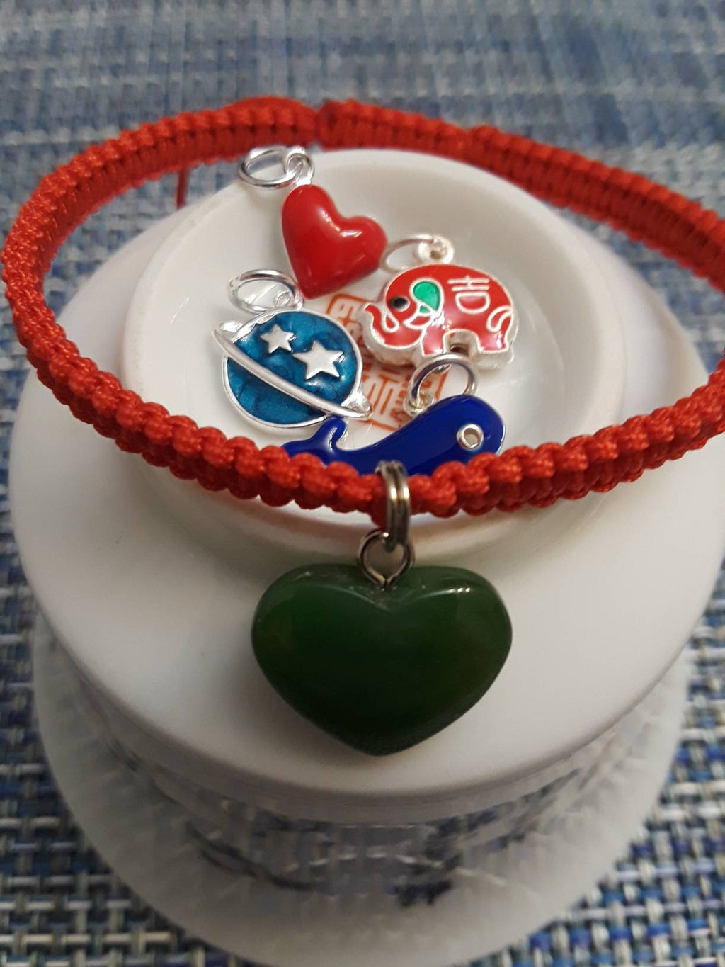 Sterling Silver Enamel Planet Earth Love Dolphin Or Lucky Elephant Lucky Chinese Red String Bracelet 砝瑯純銀吊飾幸運紅繩手鍊