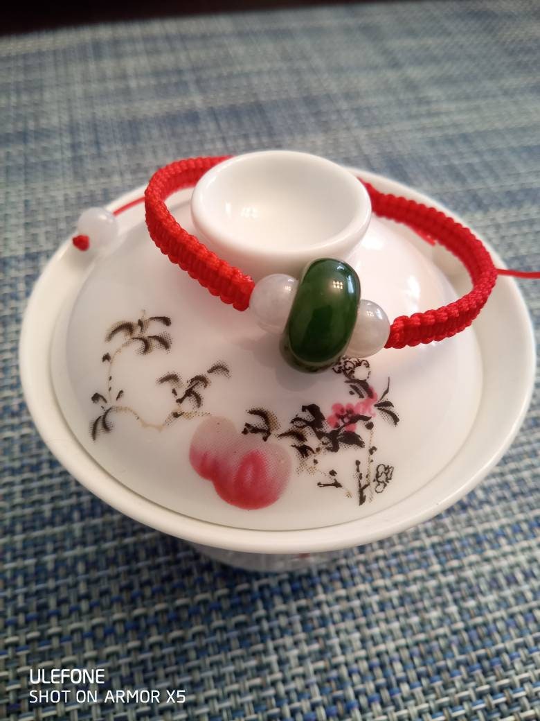 Lucky Red String Bracelet with one Natural Canadian Green Nephrite Jade Barrel Beads and Four Burmese White Jadeite Jade Shamballa Beads