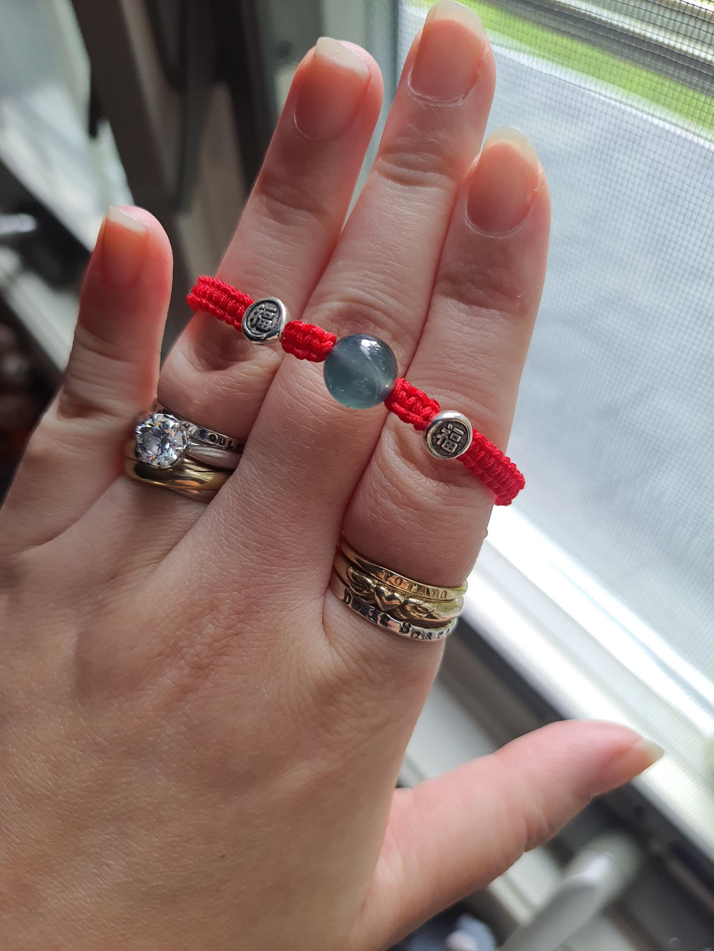 Sterling Silver Fu (Safe and Sound) Bead and Untreated Guatemala Jadeite Jade Bead Lucky Chinese Red String Shamballa Bracelet