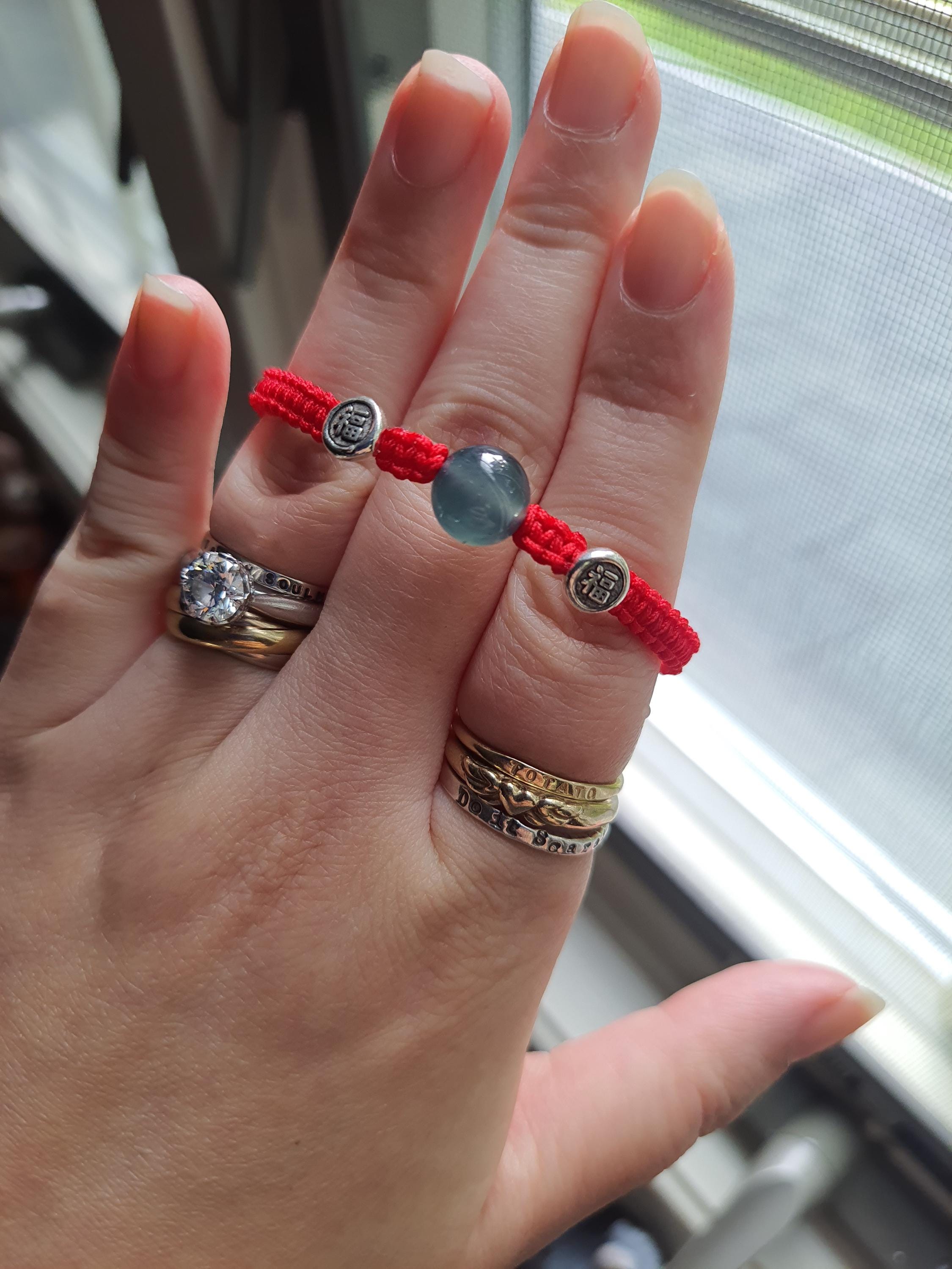 Sterling Silver Fu (Safe and Sound) Bead and Untreated Guatemala Jadeite Jade Bead Lucky Chinese Red String Shamballa Bracelet