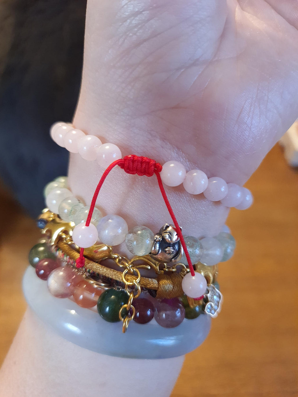 Natural Rose Quartz Beads Red String Shamballa Meditation Bracelet