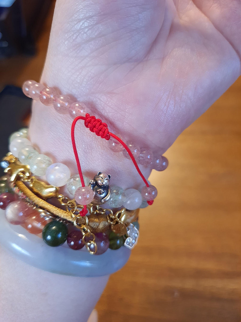 Natural Strawberry Quartz Beads Red String Shamballa Meditation Bracelet