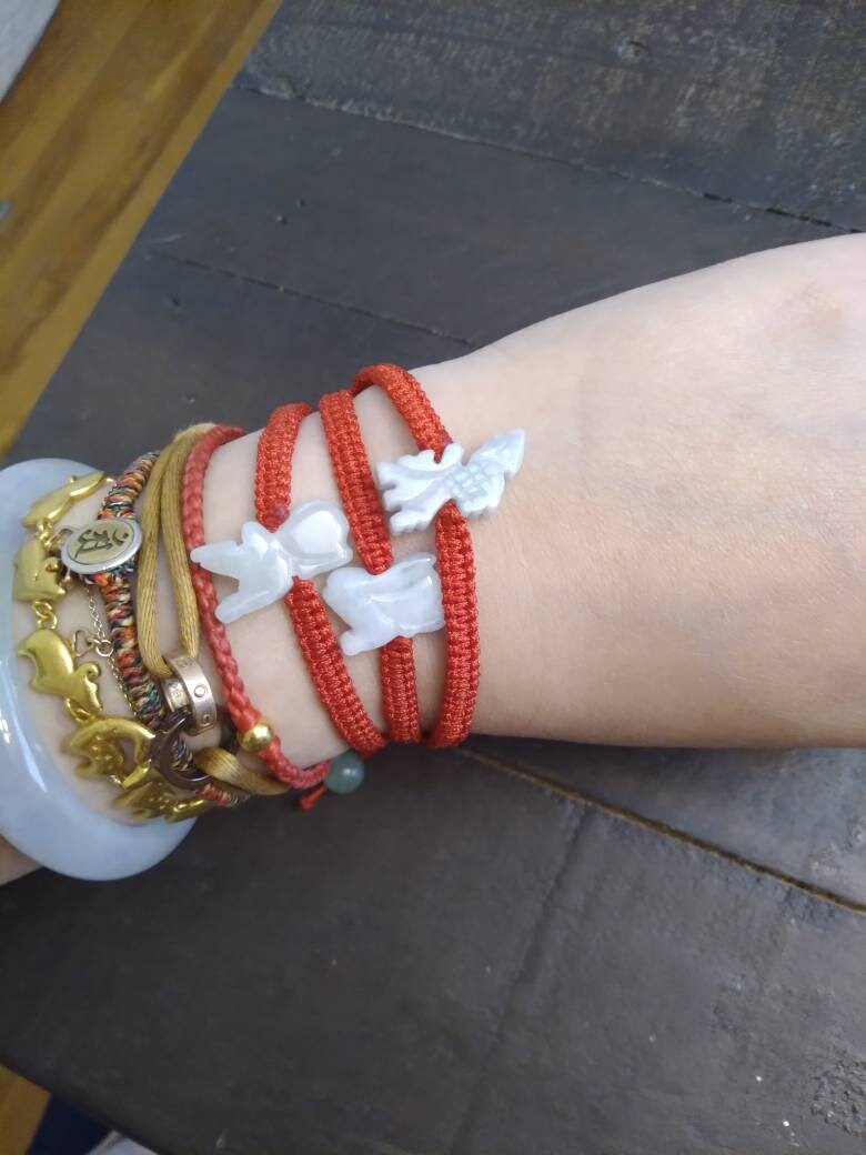 Natural Burmese Jadeite Jade Chinese Zodiac Charm Red String Shamballa Bracelet (Rabbit, Dragon, Rat and Many More)