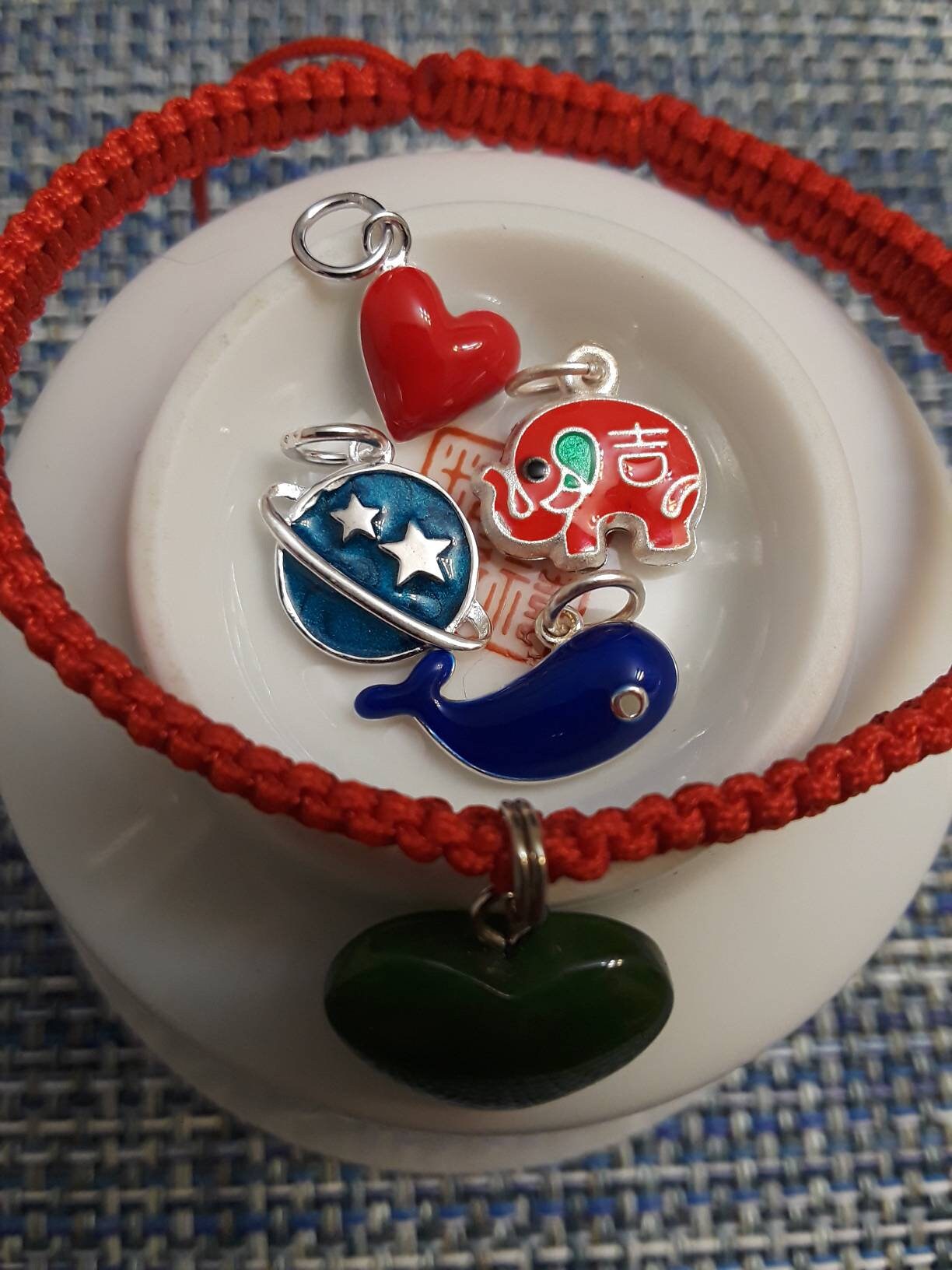 Sterling Silver Enamel Planet Earth Love Dolphin Or Lucky Elephant Lucky Chinese Red String Bracelet 砝瑯純銀吊飾幸運紅繩手鍊