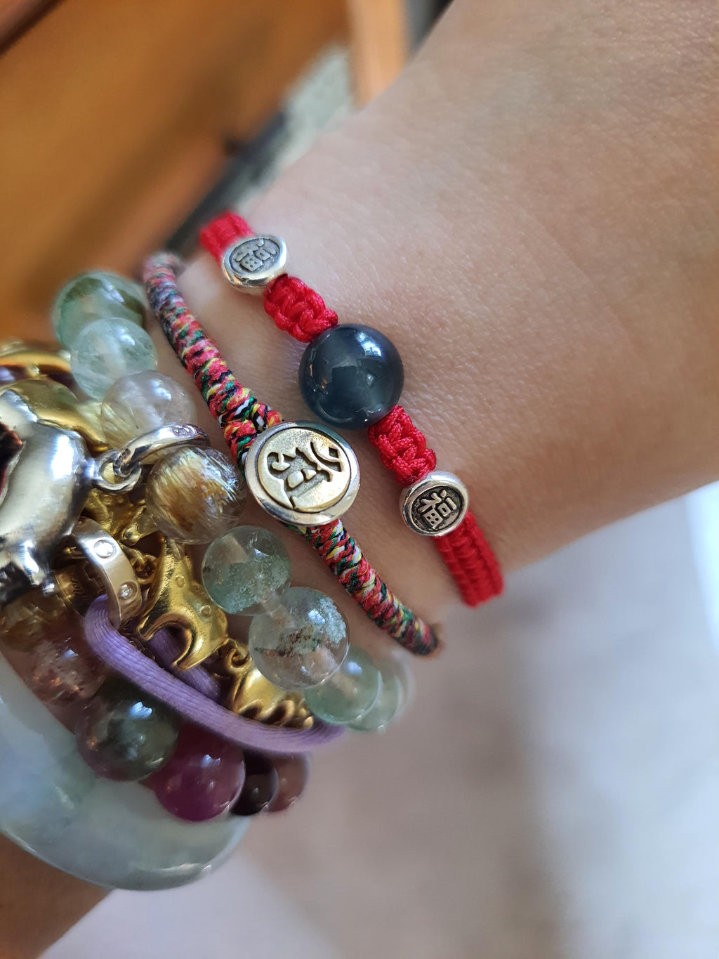 Sterling Silver Fu (Safe and Sound) Bead and Untreated Guatemala Jadeite Jade Bead Lucky Chinese Red String Shamballa Bracelet