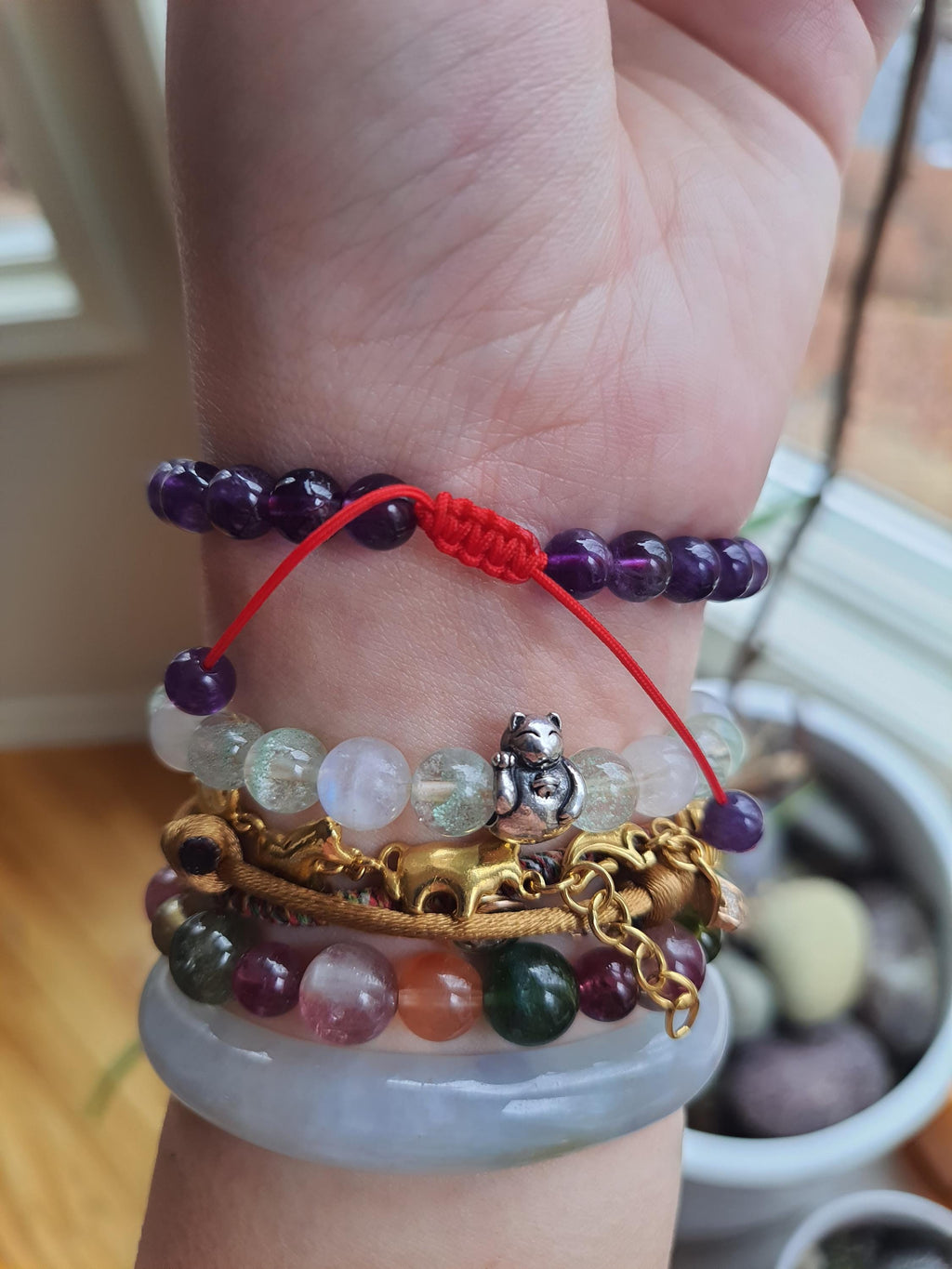 Natural Amethyst Beads Red String Shamballa Meditation Bracelet