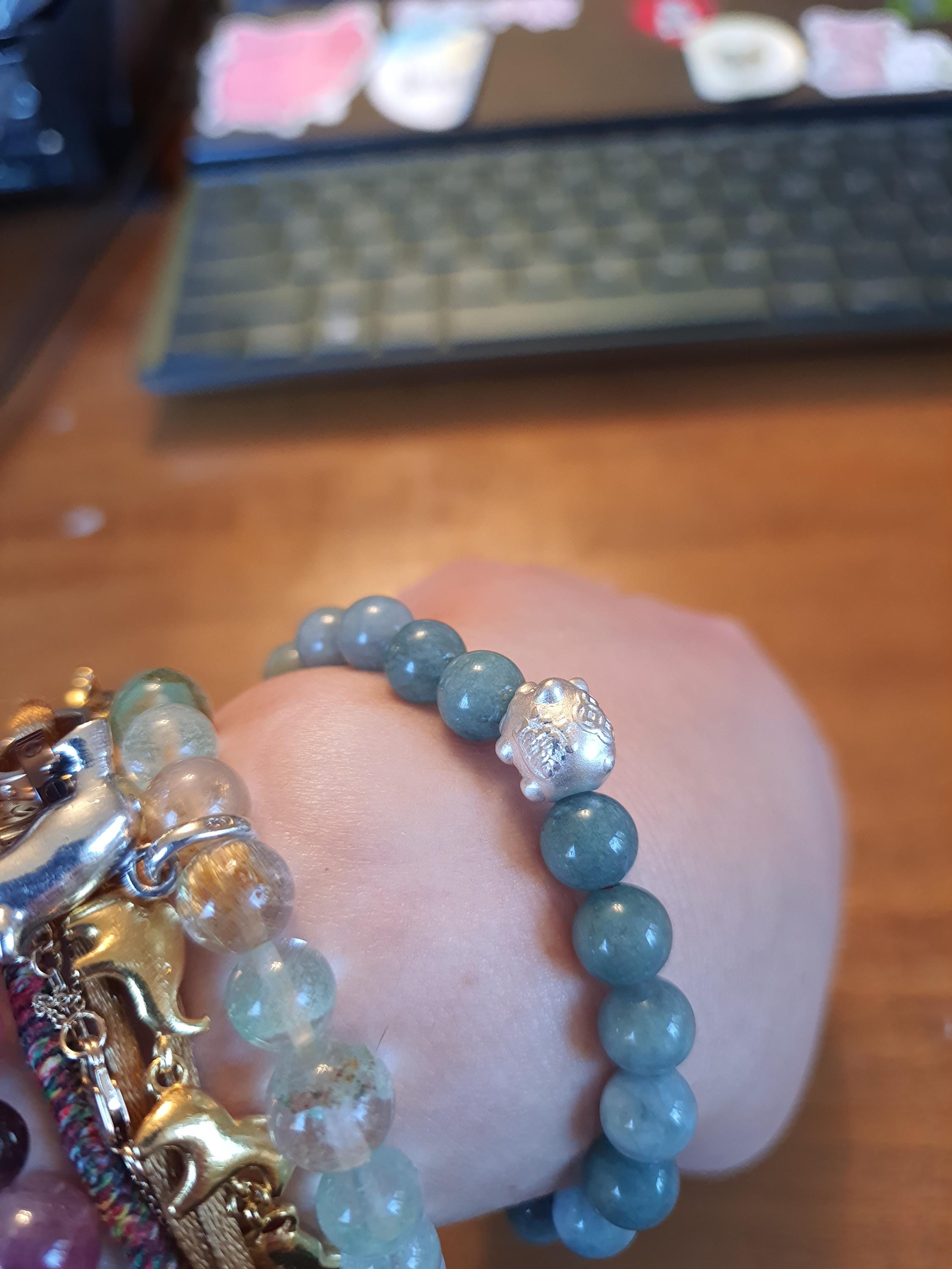 Sterling Silver Lucky Pig Charm Red String Natural Burmese Jadeite Jade Meditation Bracelet