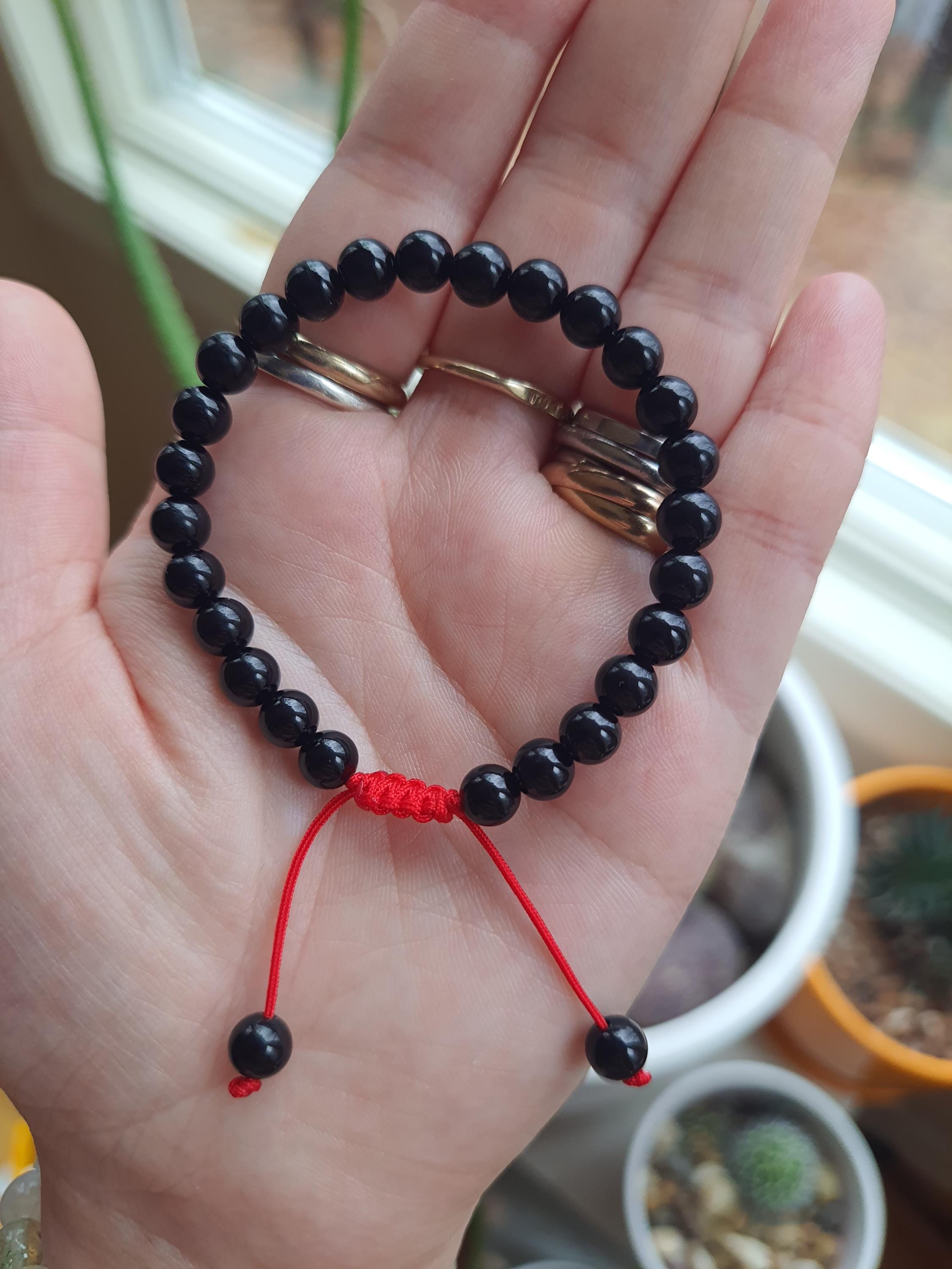Natural Black Onyx Beads Red String Shamballa Meditation Bracelet