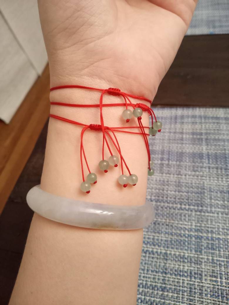 Natural Jadeite Jade Donut Red String Rope Thread Bracelet