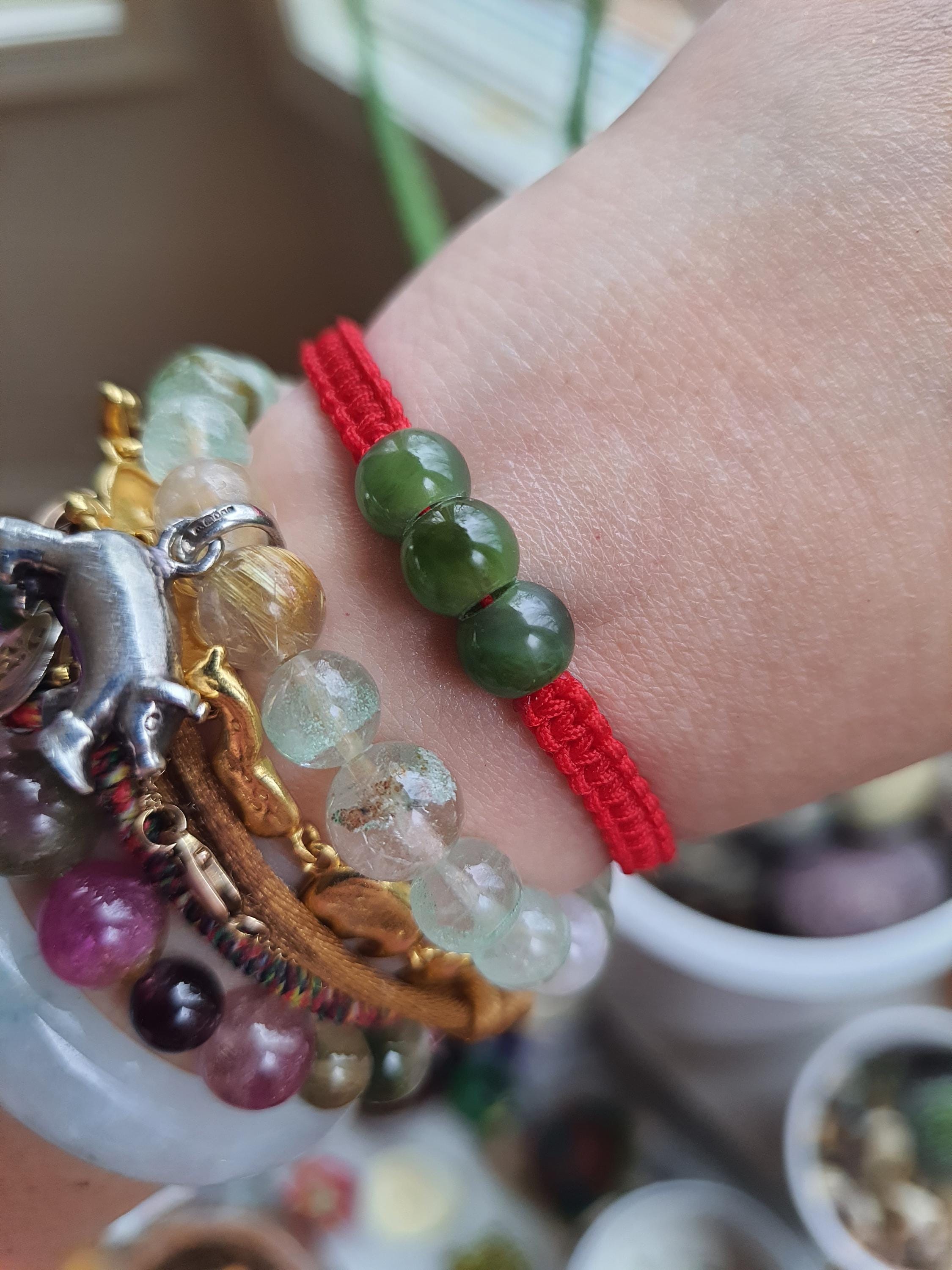 Canadian Green Nephrite Jade Bead Chinese Red String Shamballa Bracelet轉運紅繩手鍊