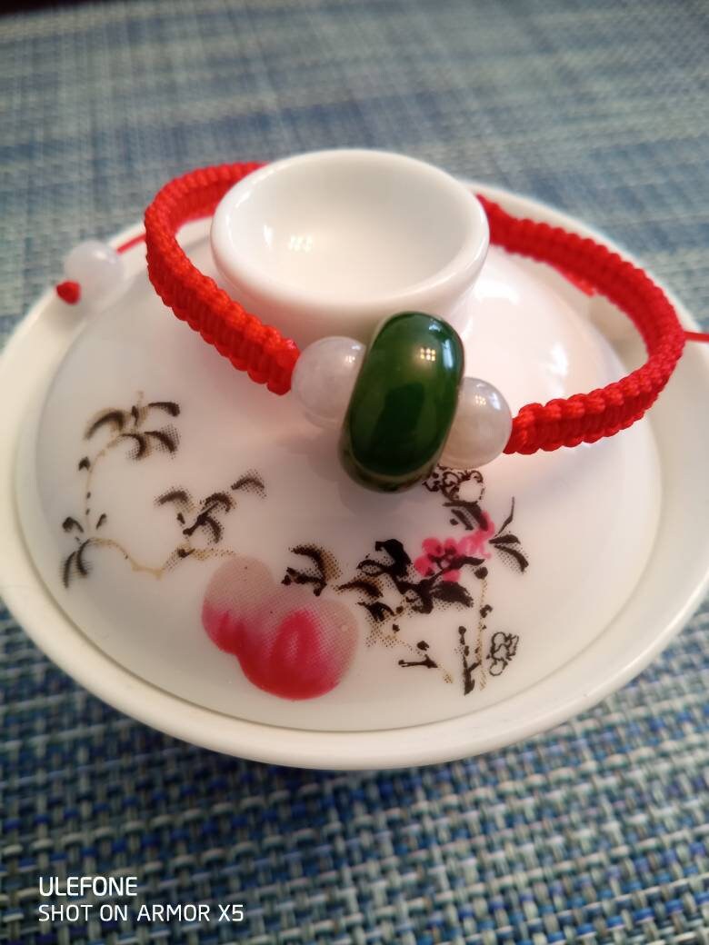 Lucky Red String Bracelet with one Natural Canadian Green Nephrite Jade Barrel Beads and Four Burmese White Jadeite Jade Shamballa Beads