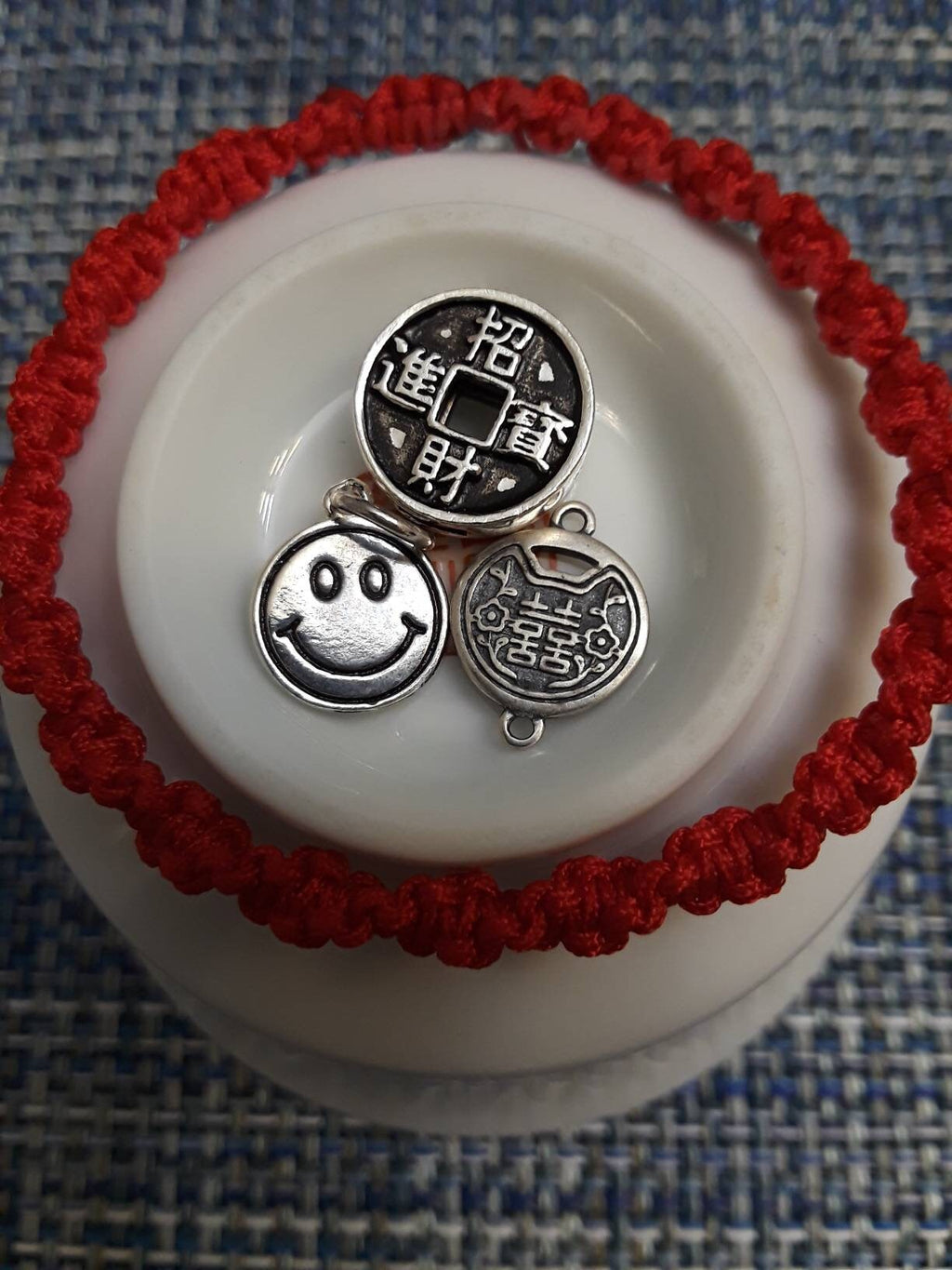 Sterling Silver Smile Face Double Happiness Or Chinese Coin Bead Lucky Chinese Red String Bracelet