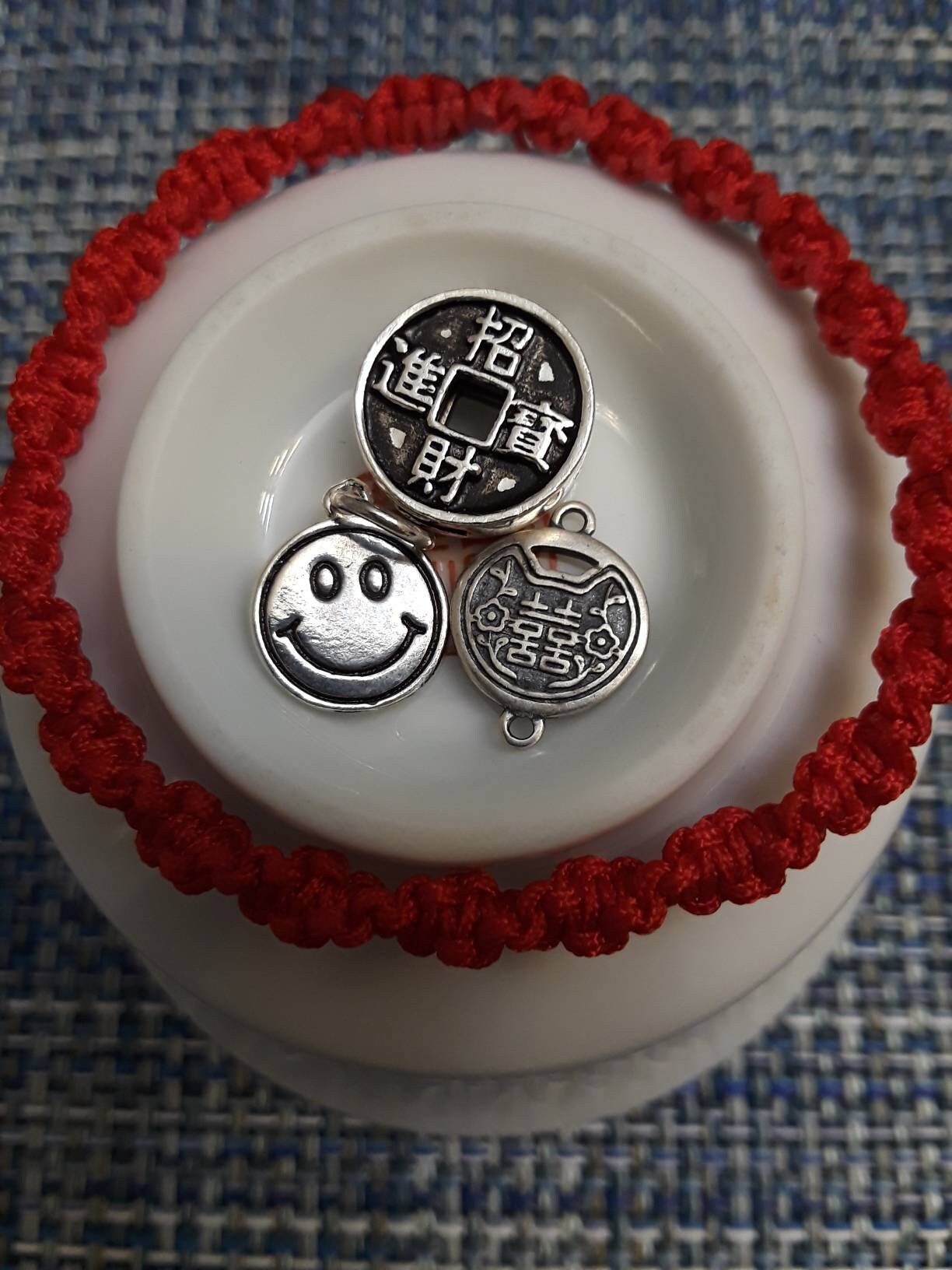 Sterling Silver Smile Face Double Happiness Or Chinese Coin Bead Lucky Chinese Red String Bracelet