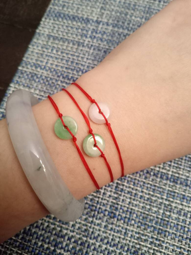 Natural Jadeite Jade Donut Red String Rope Thread Bracelet