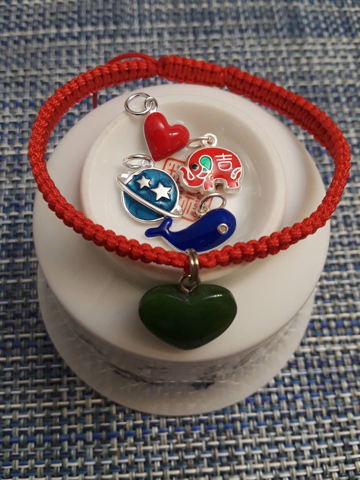 Sterling Silver Enamel Planet Earth Love Dolphin Or Lucky Elephant Lucky Chinese Red String Bracelet 砝瑯純銀吊飾幸運紅繩手鍊