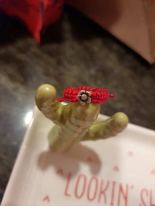 925S Sterling Silver Mini Flower Lucky Red String Shamballa Ring