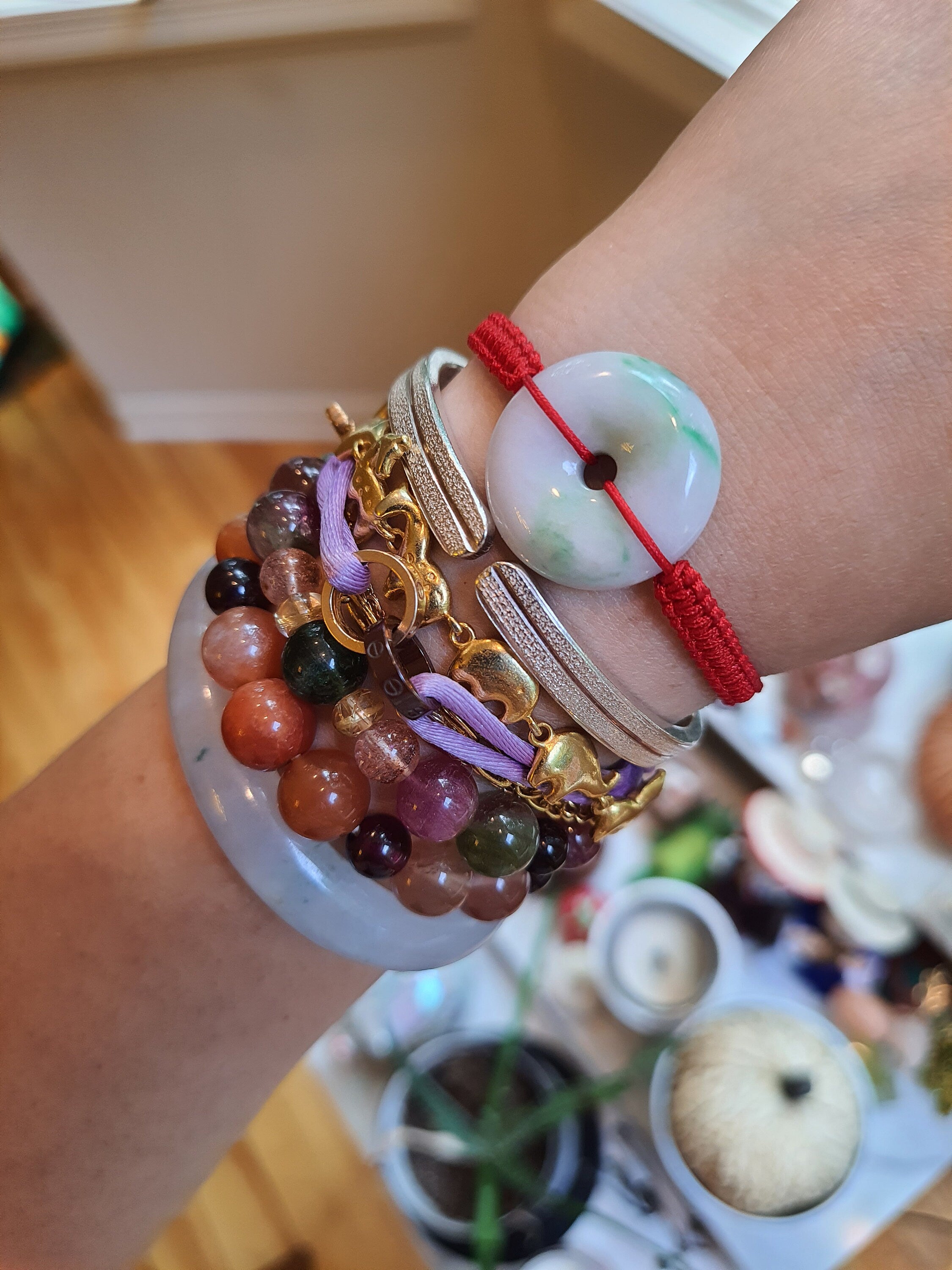 Natural Burmese Jadeite Donut Charm Red String Shamballa Bracelet