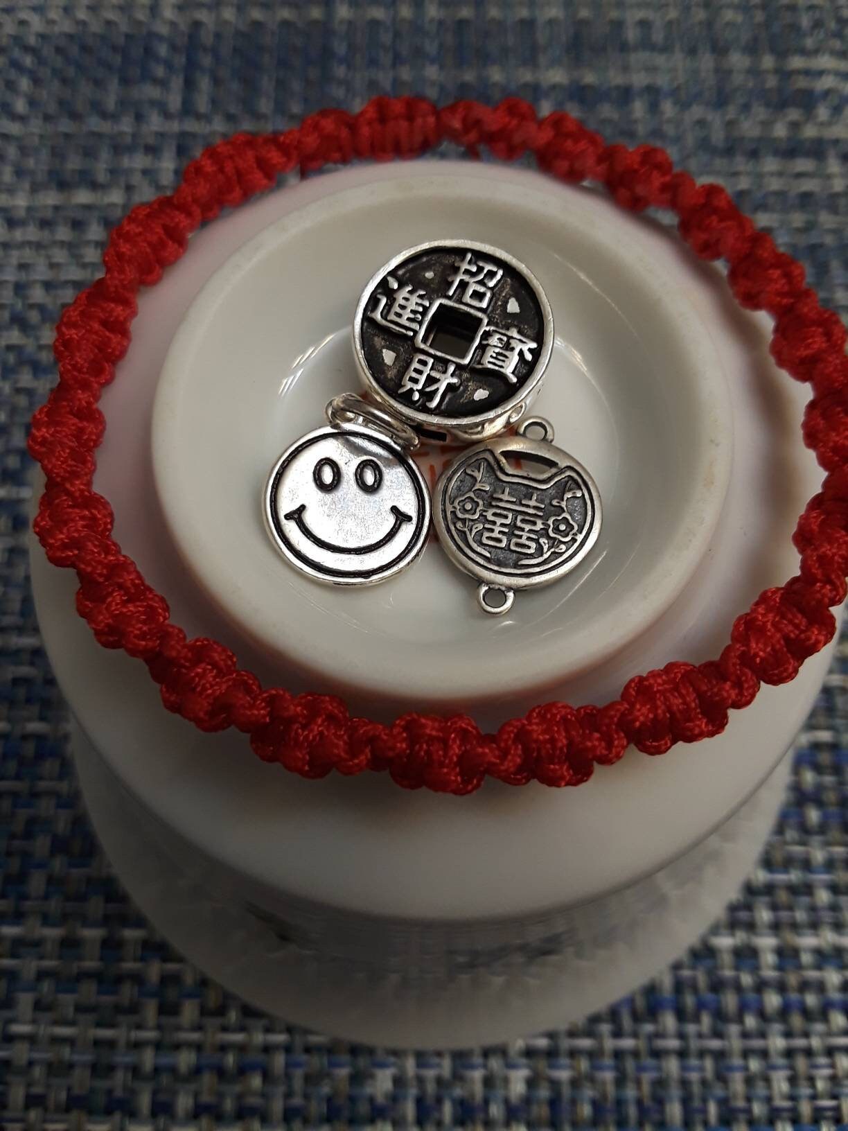 Sterling Silver Smile Face Double Happiness Or Chinese Coin Bead Lucky Chinese Red String Bracelet