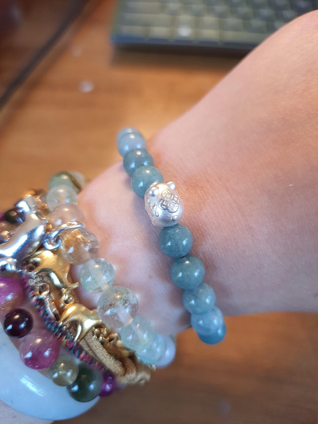 Sterling Silver Lucky Pig Charm Red String Natural Burmese Jadeite Jade Meditation Bracelet