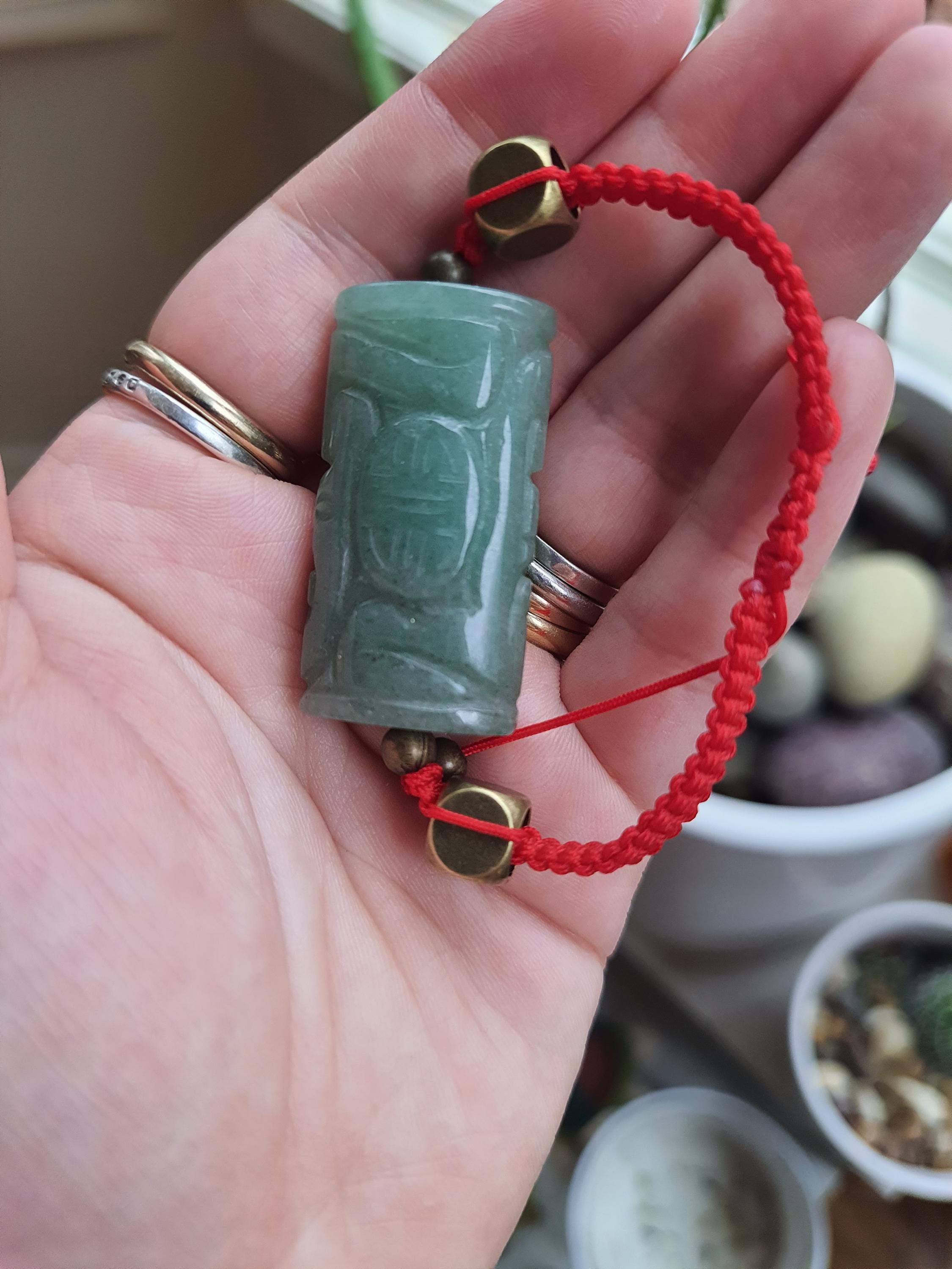Natural Carved Aventurine Chinese Lucky Charm Red String Shamballa Meditation Bracelet轉運紅繩手鍊