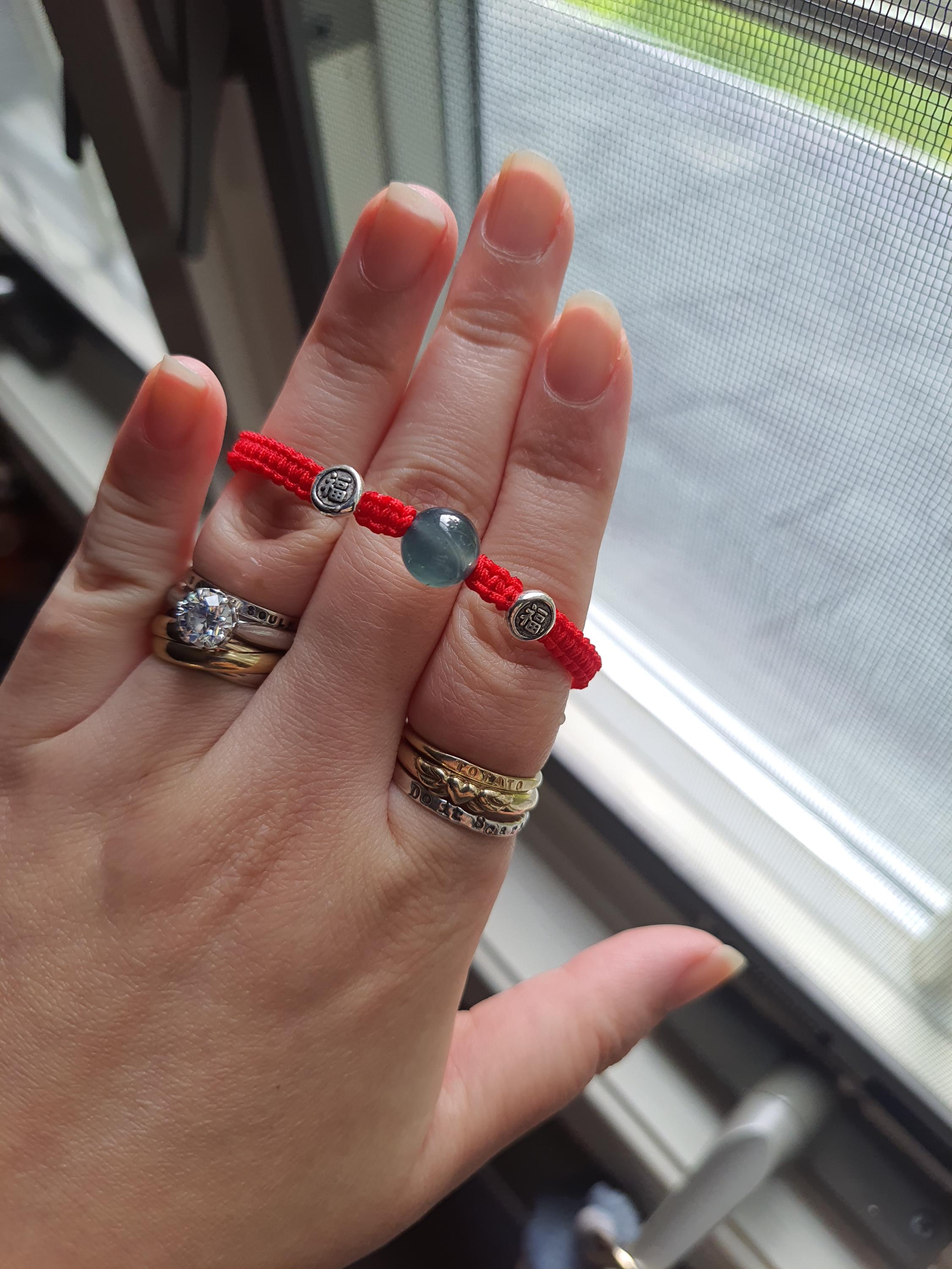 Sterling Silver Fu (Safe and Sound) Bead and Untreated Guatemala Jadeite Jade Bead Lucky Chinese Red String Shamballa Bracelet