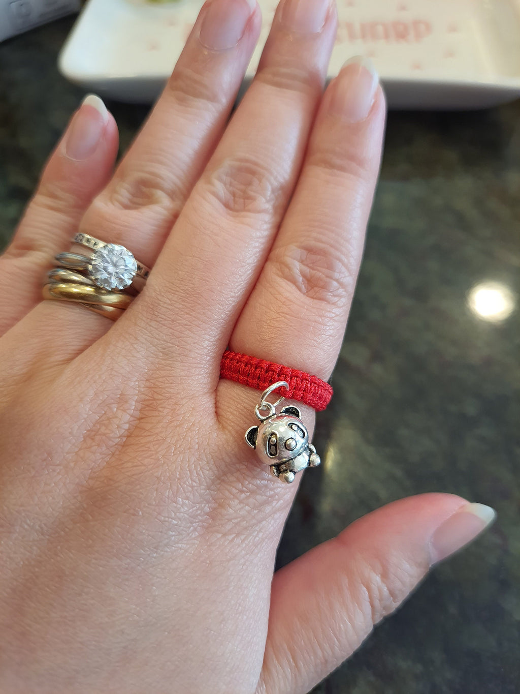 925S Sterling Silver Panda Bear Red String Shamballa Ring