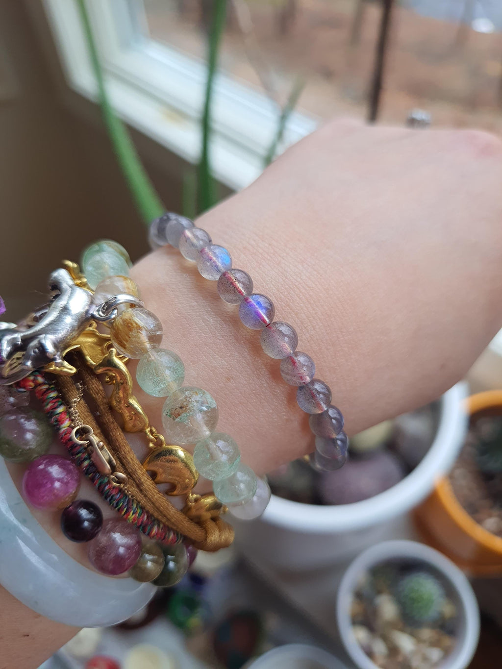 Natural Labradorite Beads Red String Shamballa Meditation Bracelet