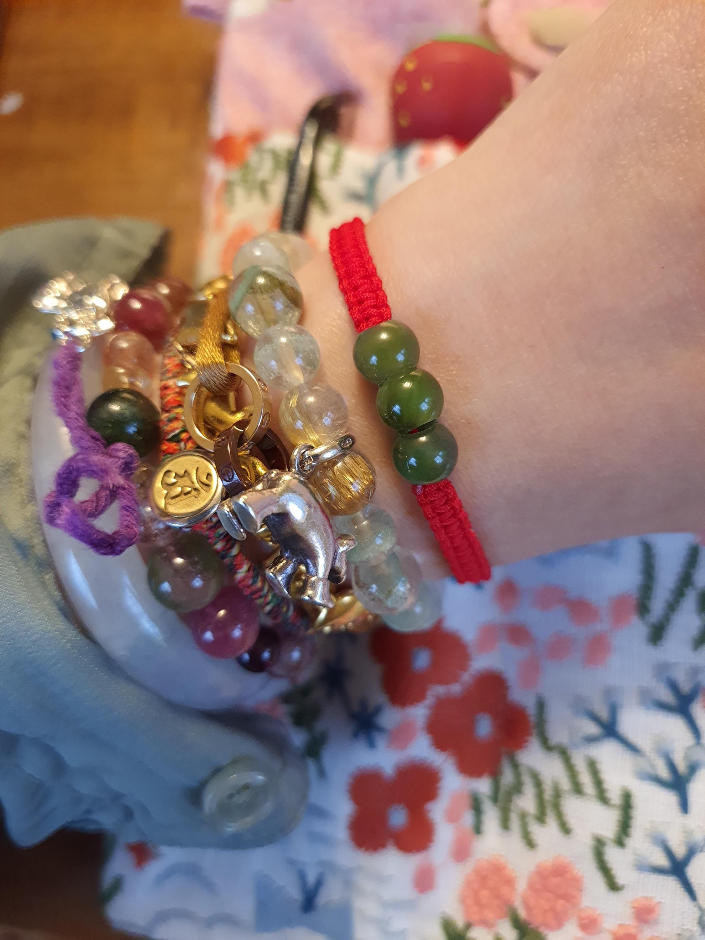 Canadian Green Nephrite Jade Bead Chinese Red String Shamballa Bracelet轉運紅繩手鍊