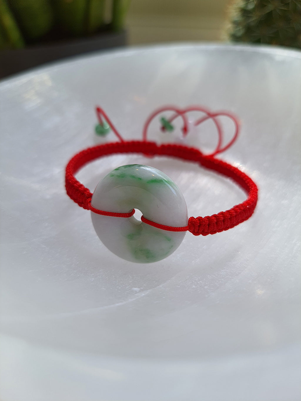 Natural Burmese Jadeite Donut Charm Red String Shamballa Bracelet