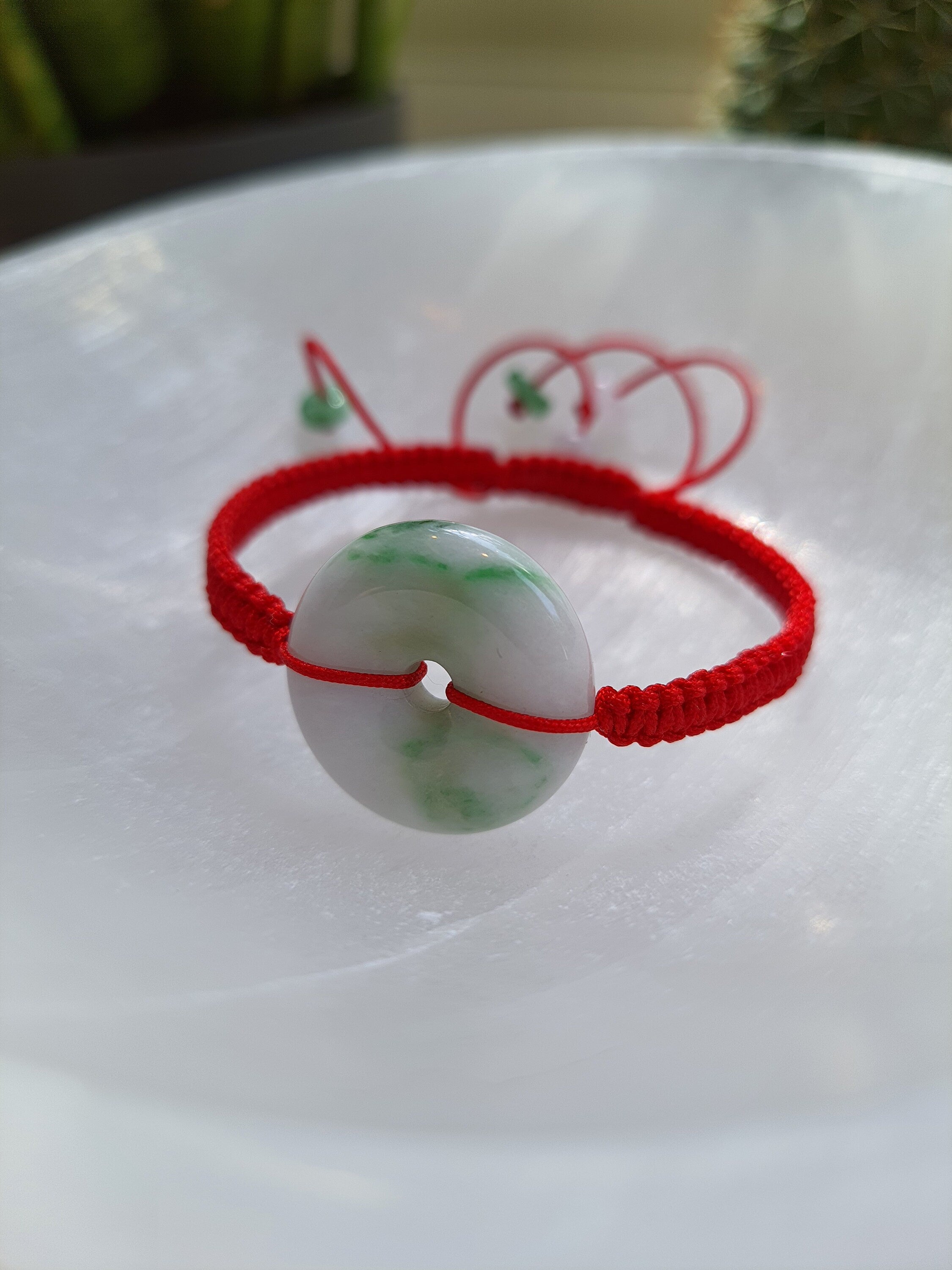 Natural Burmese Jadeite Donut Charm Red String Shamballa Bracelet