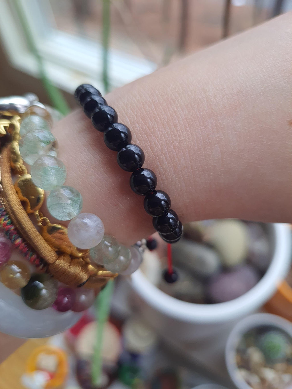 Natural Black Onyx Beads Red String Shamballa Meditation Bracelet