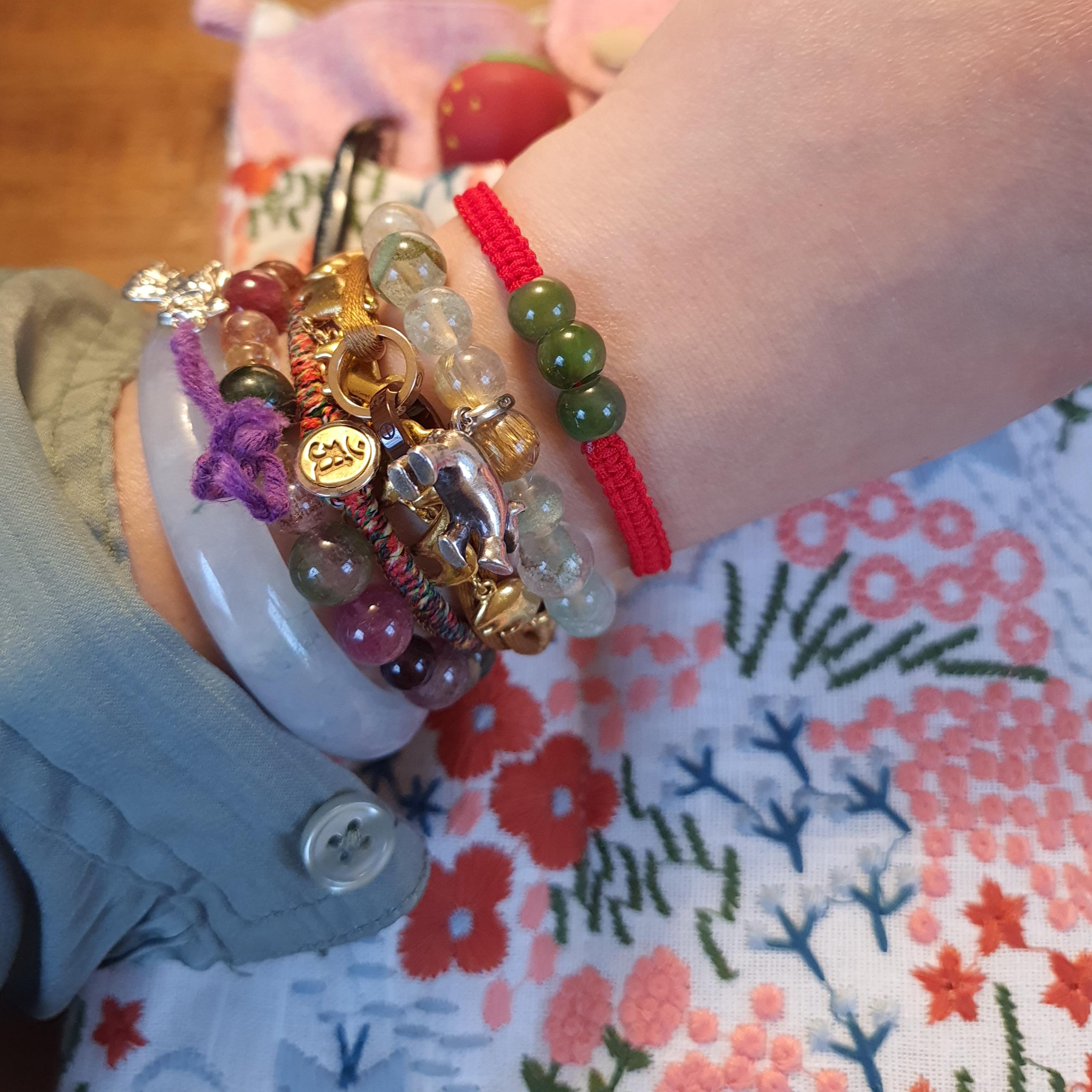 Canadian Green Nephrite Jade Bead Chinese Red String Shamballa Bracelet轉運紅繩手鍊