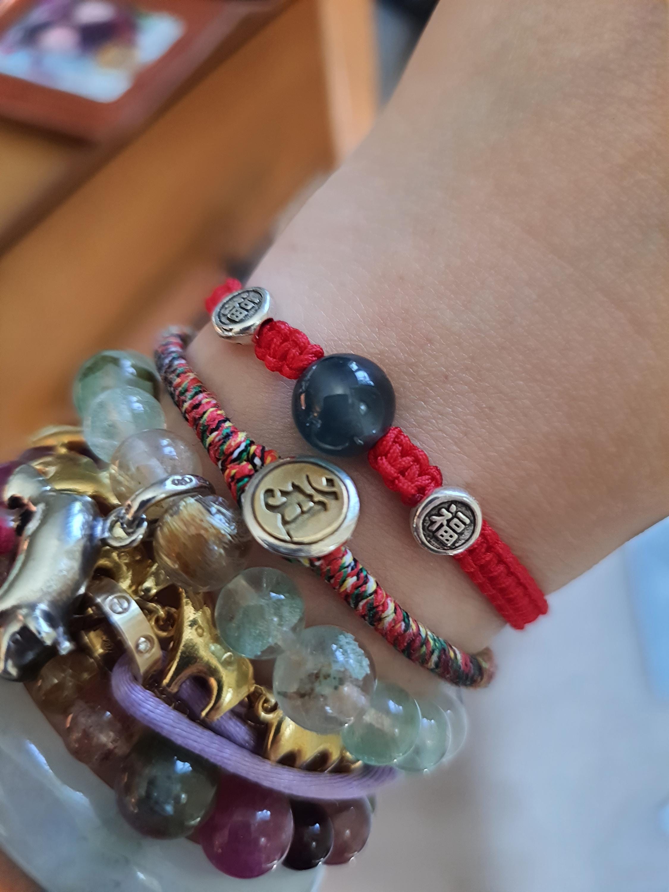 Sterling Silver Fu (Safe and Sound) Bead and Untreated Guatemala Jadeite Jade Bead Lucky Chinese Red String Shamballa Bracelet