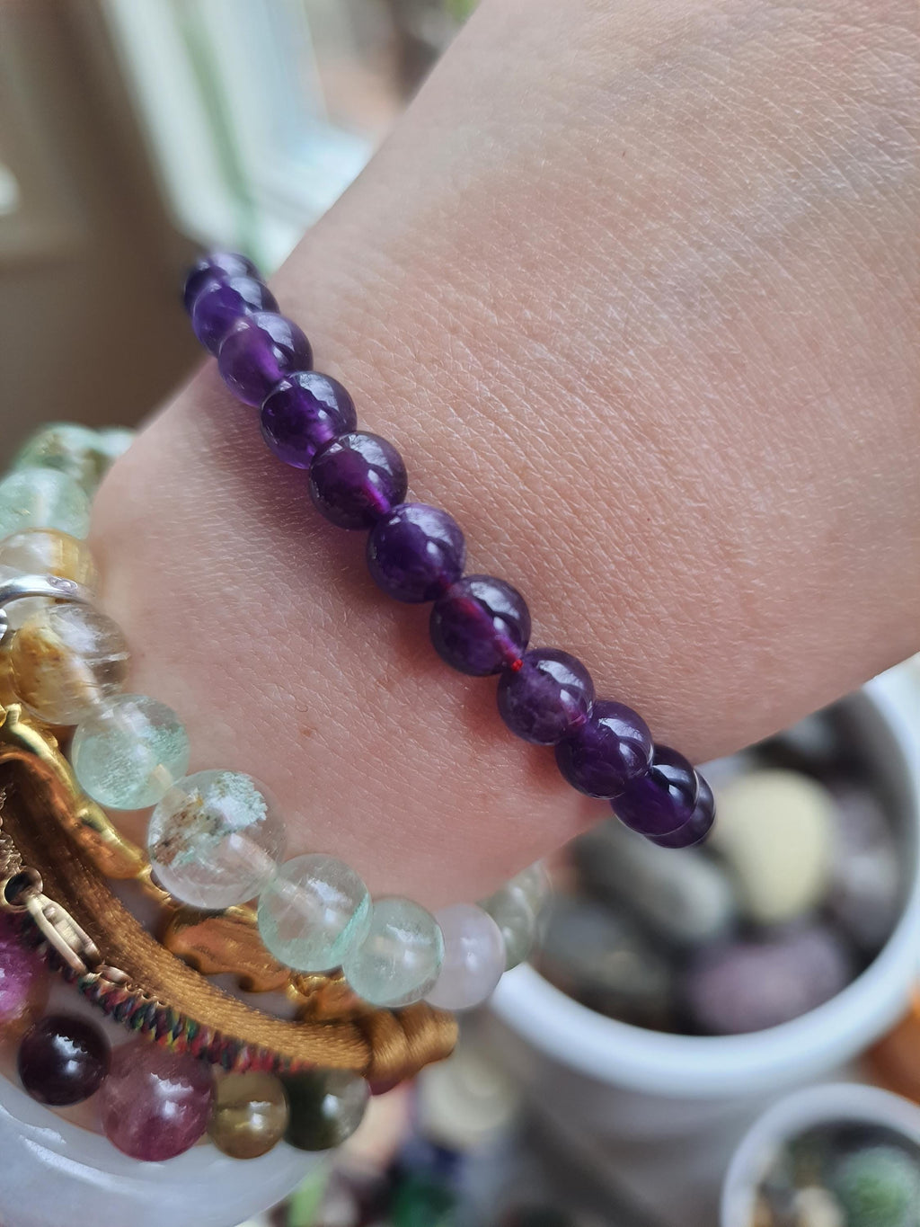 Natural Amethyst Beads Red String Shamballa Meditation Bracelet