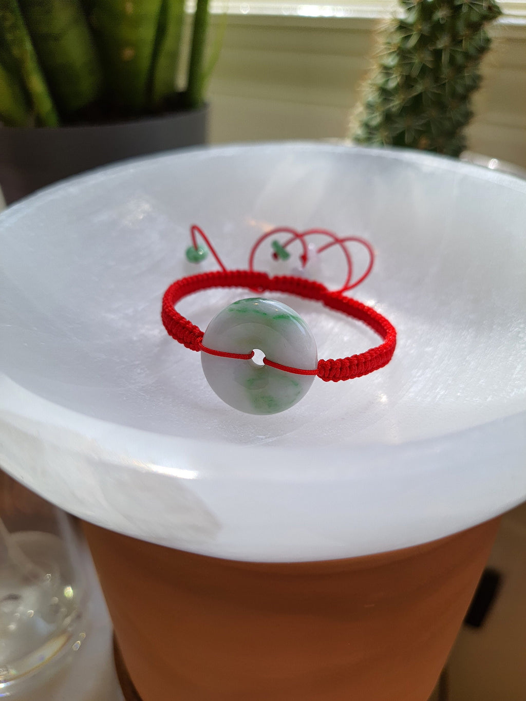 Natural Burmese Jadeite Donut Charm Red String Shamballa Bracelet