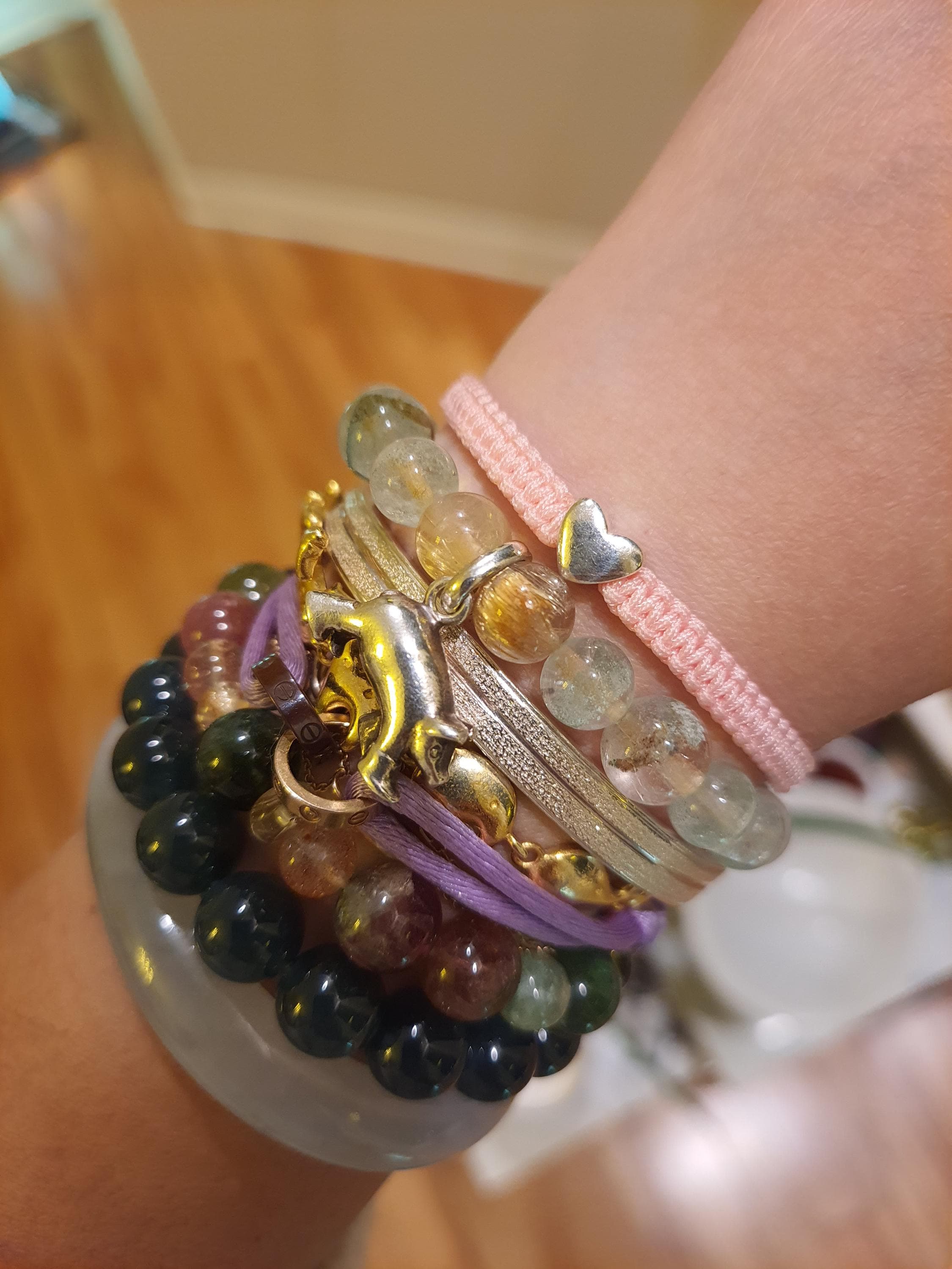 925S Silver Heart Pink String Shamballa Bracelet