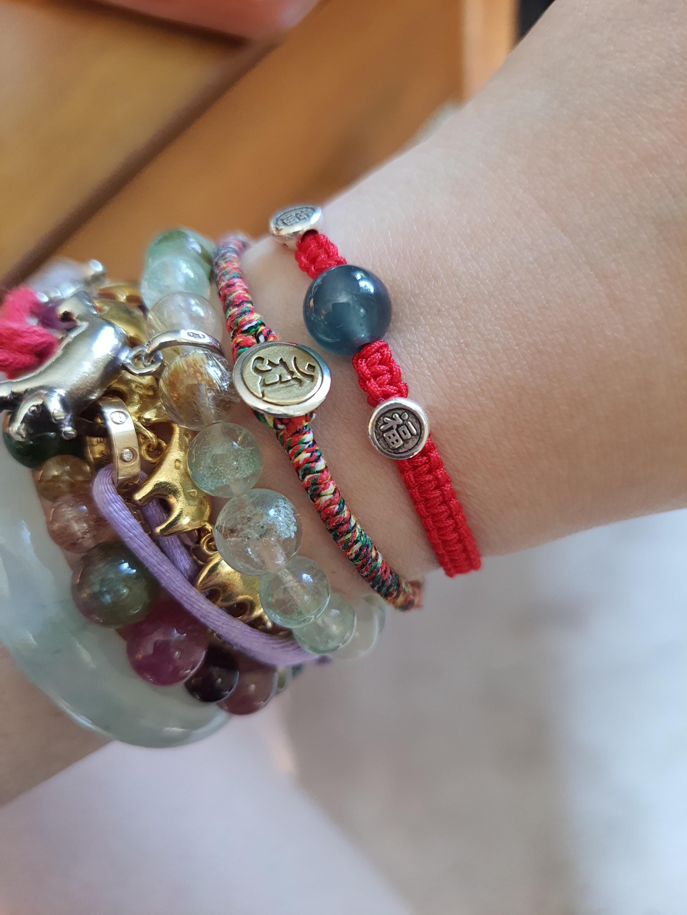 Sterling Silver Fu (Safe and Sound) Bead and Untreated Guatemala Jadeite Jade Bead Lucky Chinese Red String Shamballa Bracelet