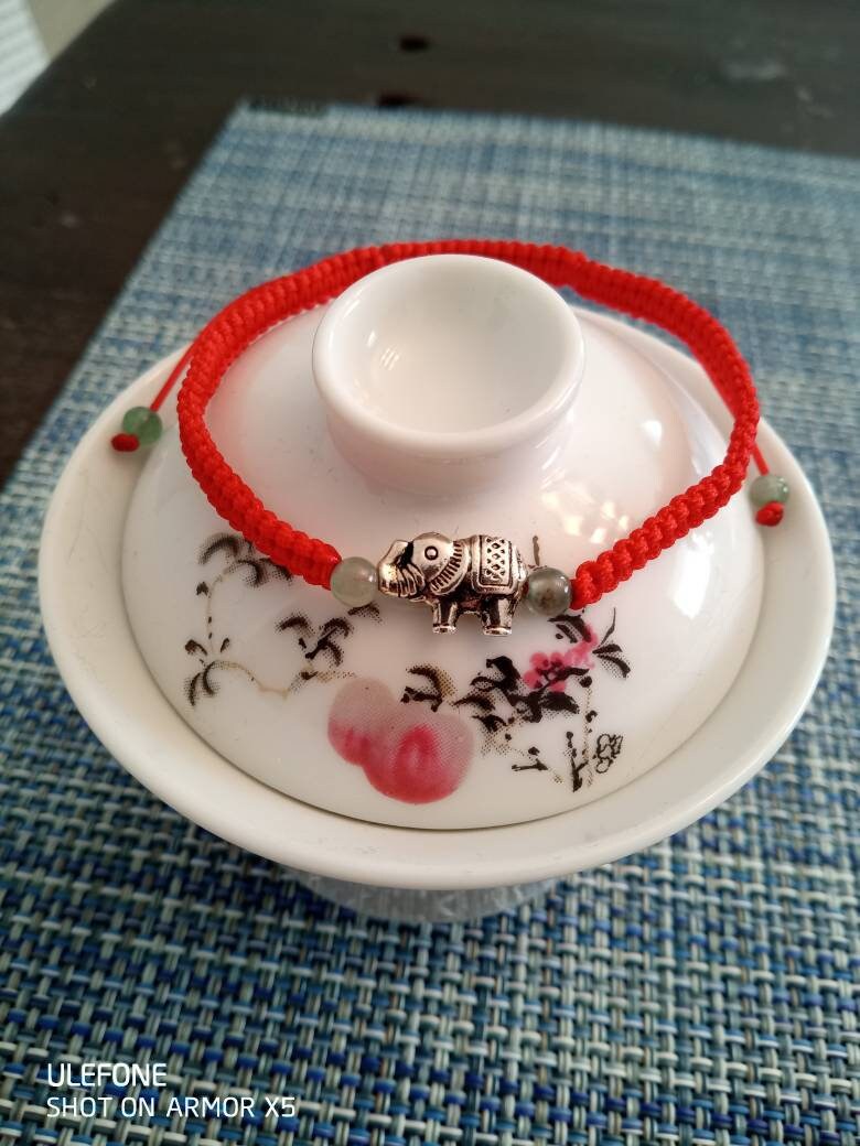 Lucky Chinese Red String Bracelet with one Zinc Elephant Bead
