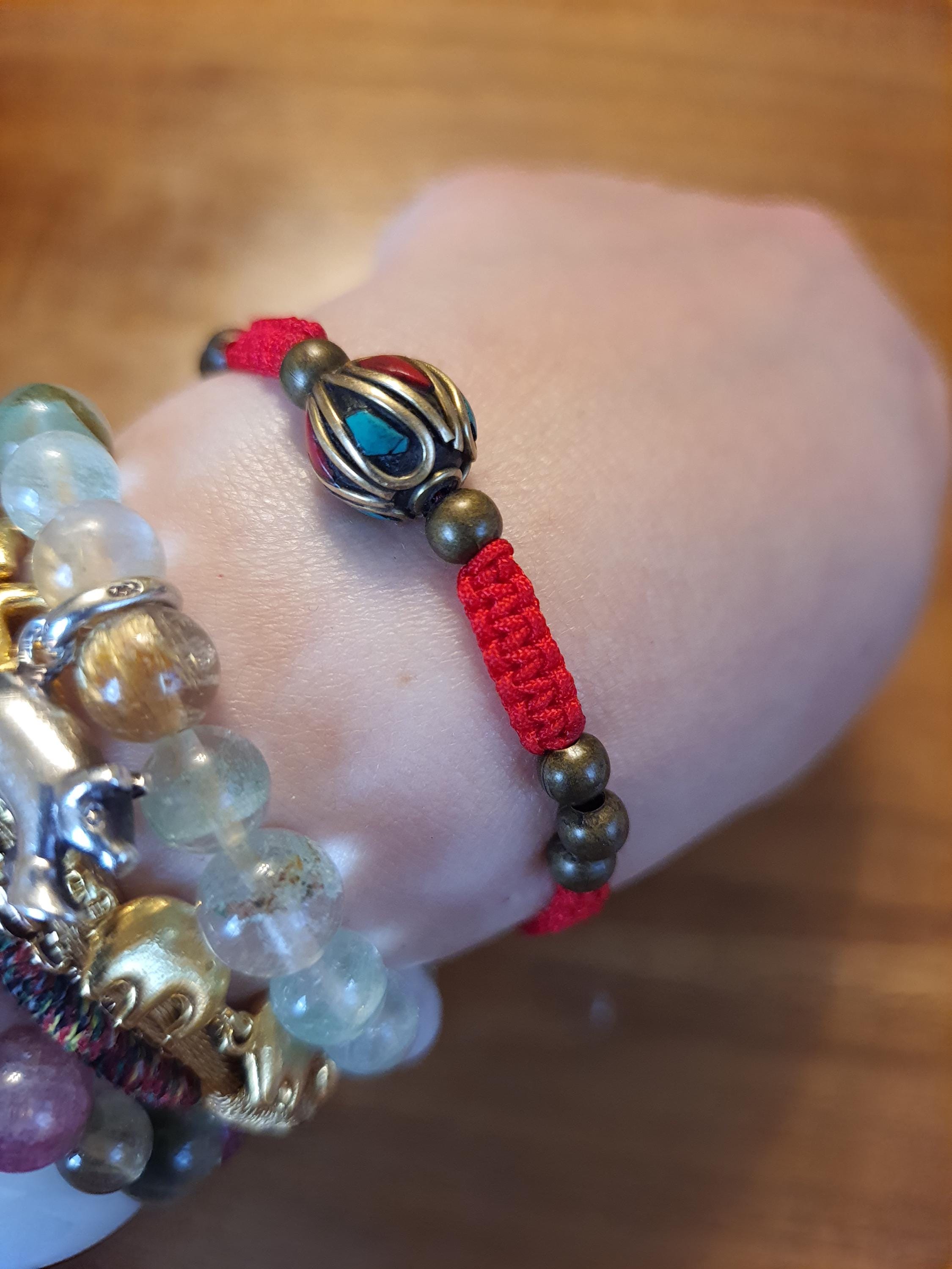 Tibetan Coral and Turquoise Brass Bead Red String Shamballa Meditation Bracelet轉運紅繩手鍊