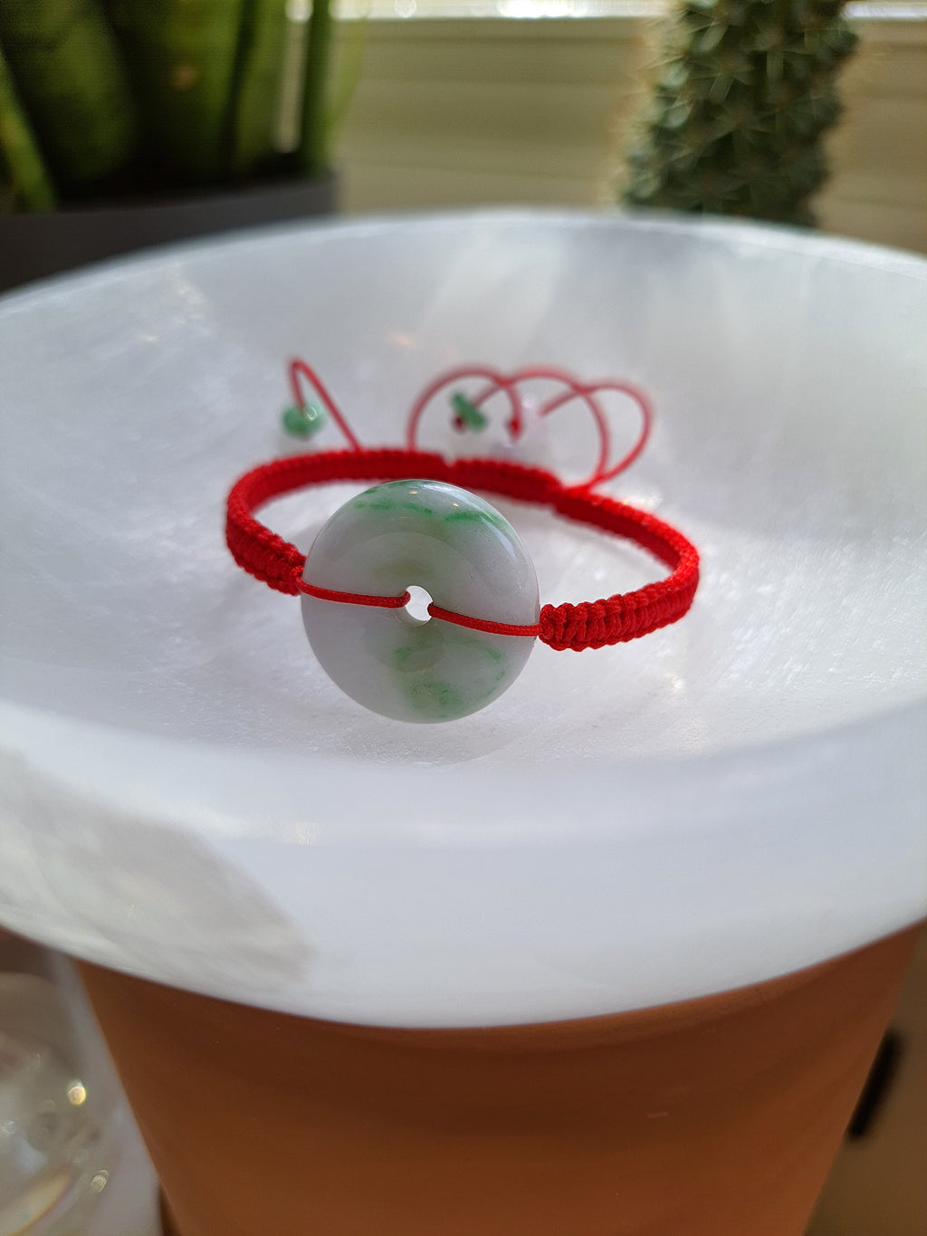 Natural Burmese Jadeite Donut Charm Red String Shamballa Bracelet