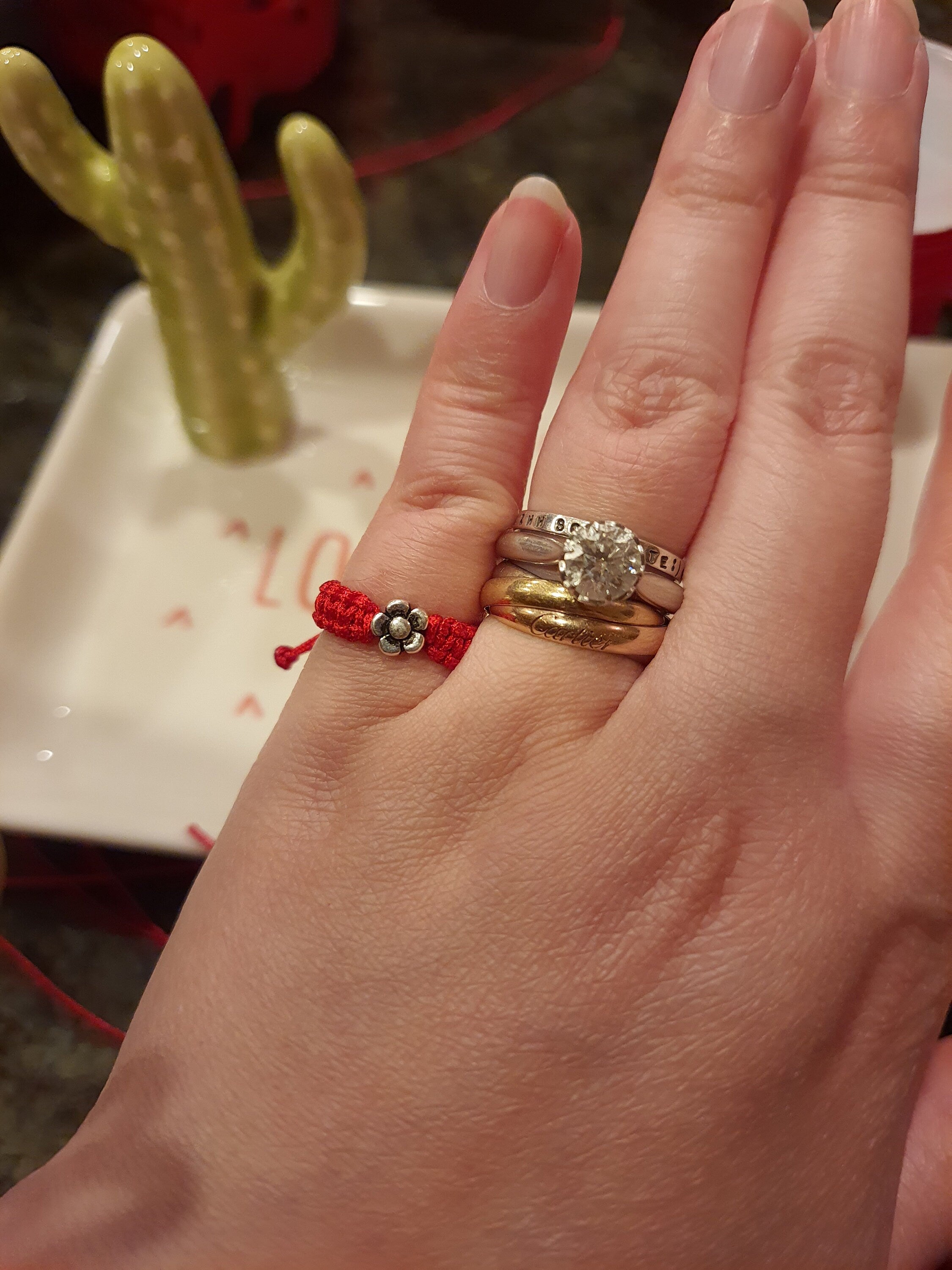 925S Sterling Silver Mini Flower Lucky Red String Shamballa Ring