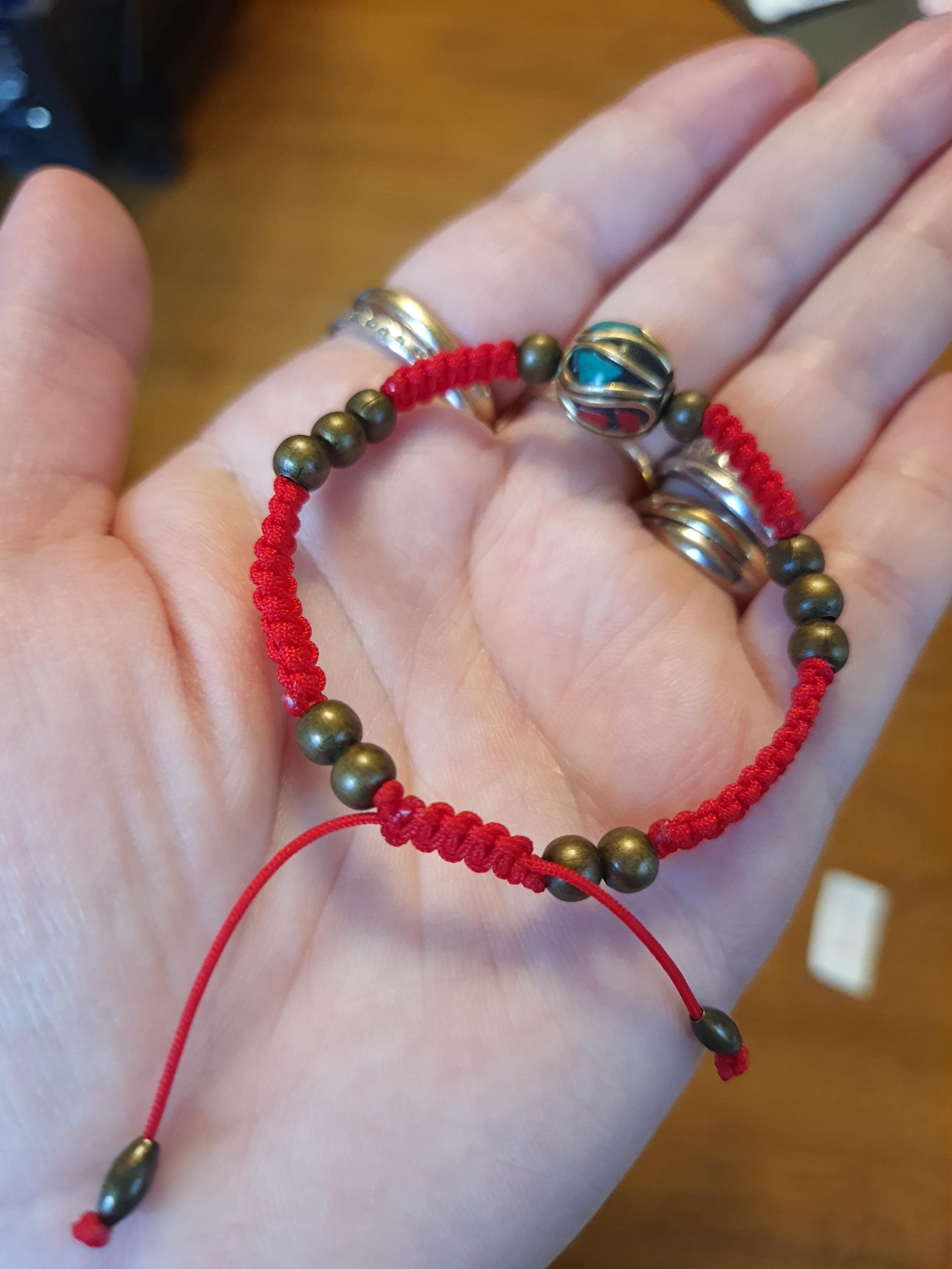 Tibetan Coral and Turquoise Brass Bead Red String Shamballa Meditation Bracelet轉運紅繩手鍊