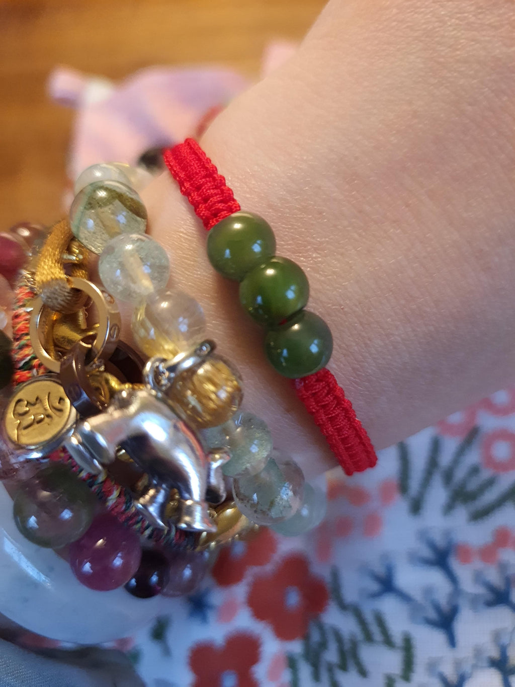 Canadian Green Nephrite Jade Bead Chinese Red String Shamballa Bracelet轉運紅繩手鍊